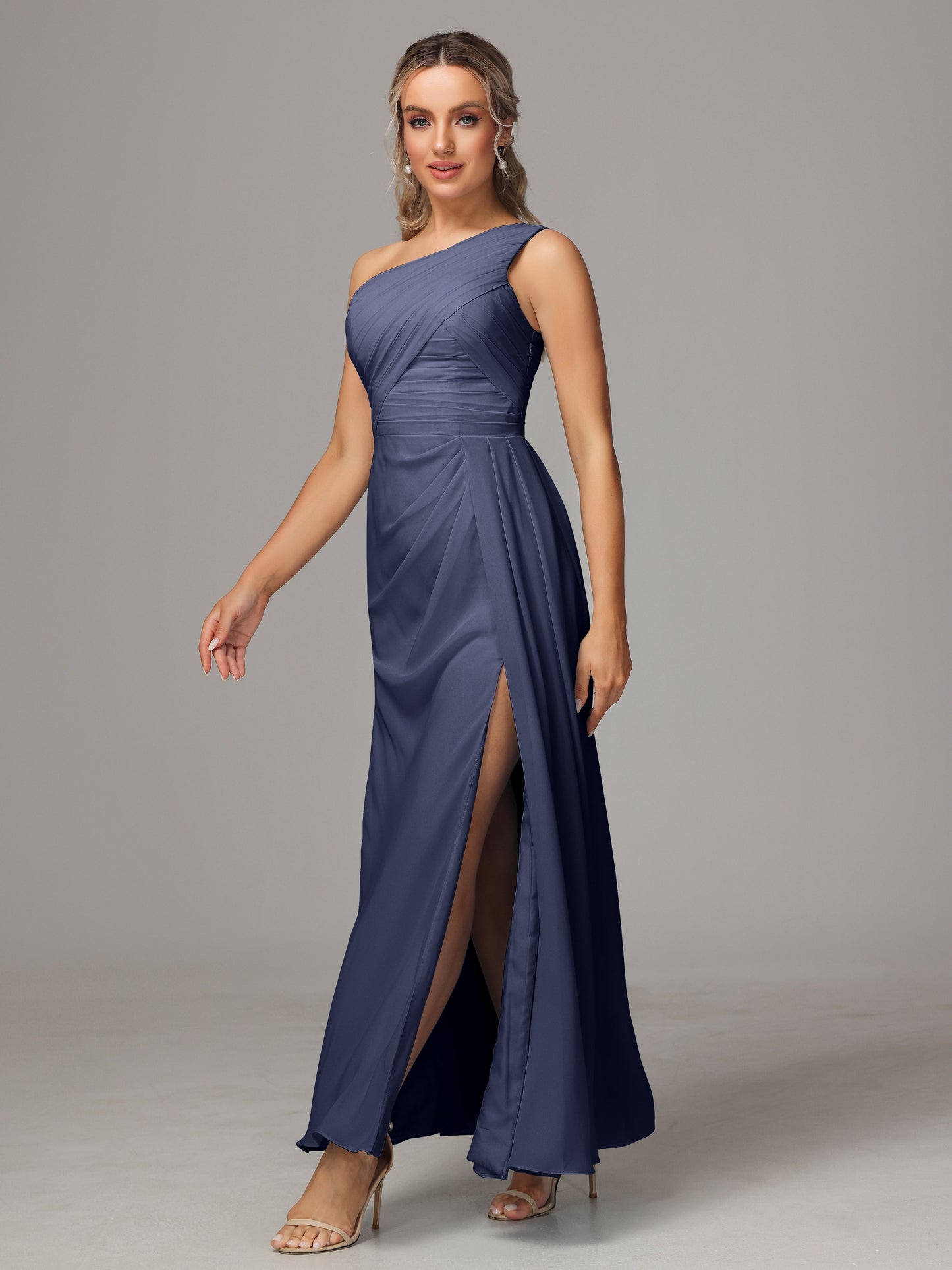 One Shoulder Floor Length Chiffon Bridesmaid Dress