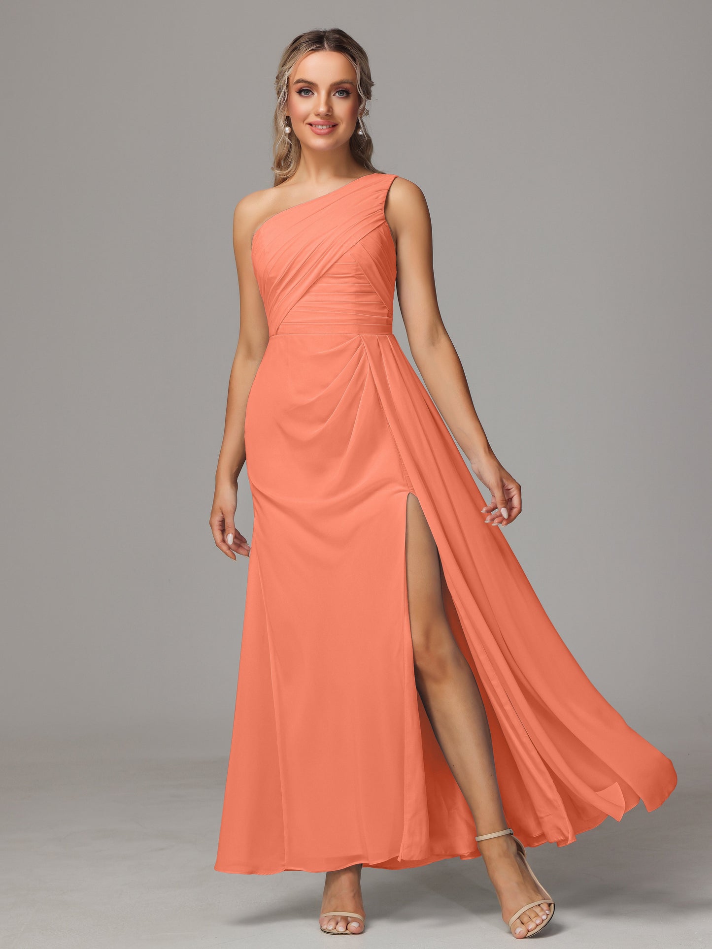 One Shoulder Floor Length Chiffon Bridesmaid Dress