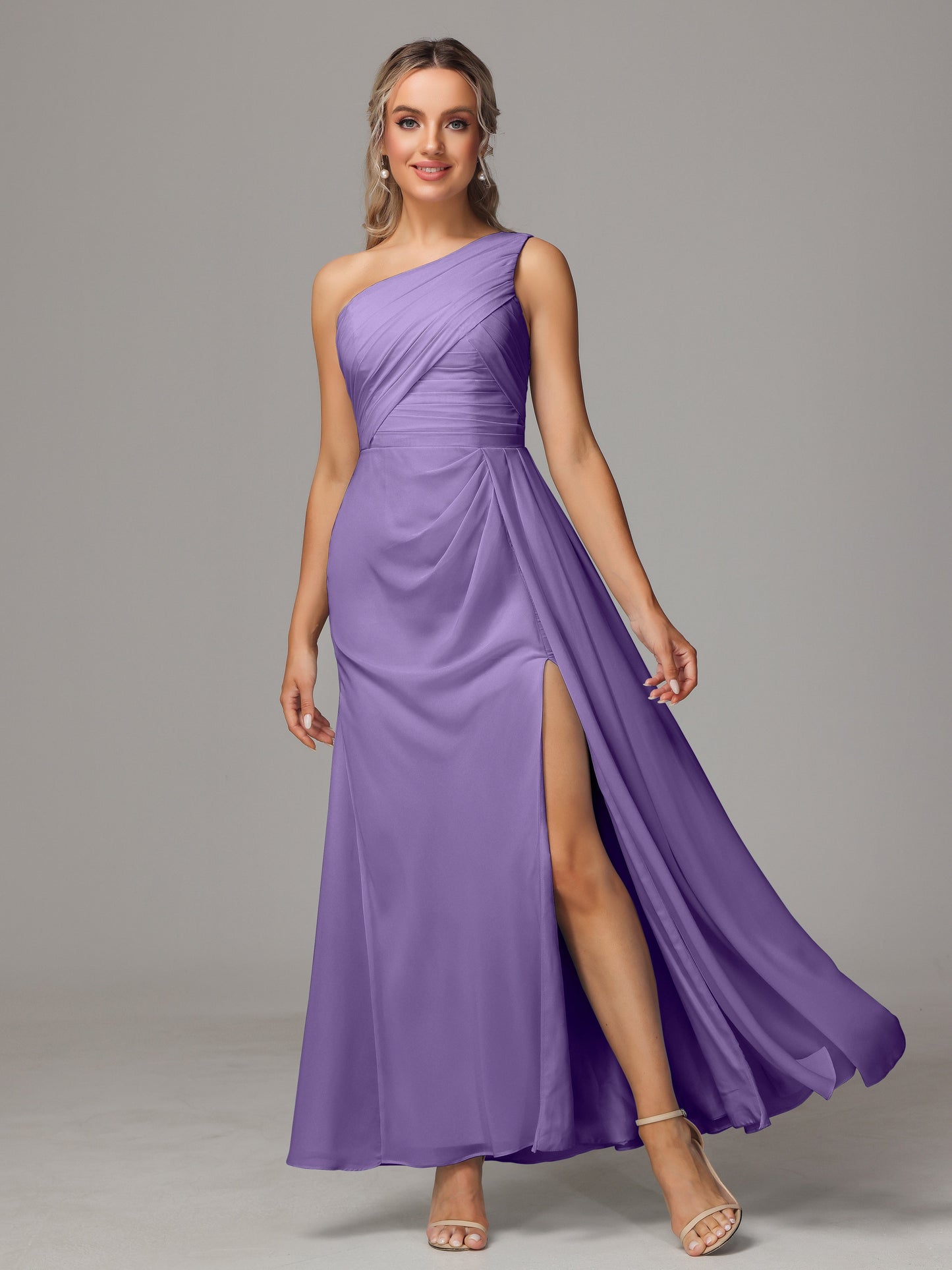 One Shoulder Floor Length Chiffon Bridesmaid Dress
