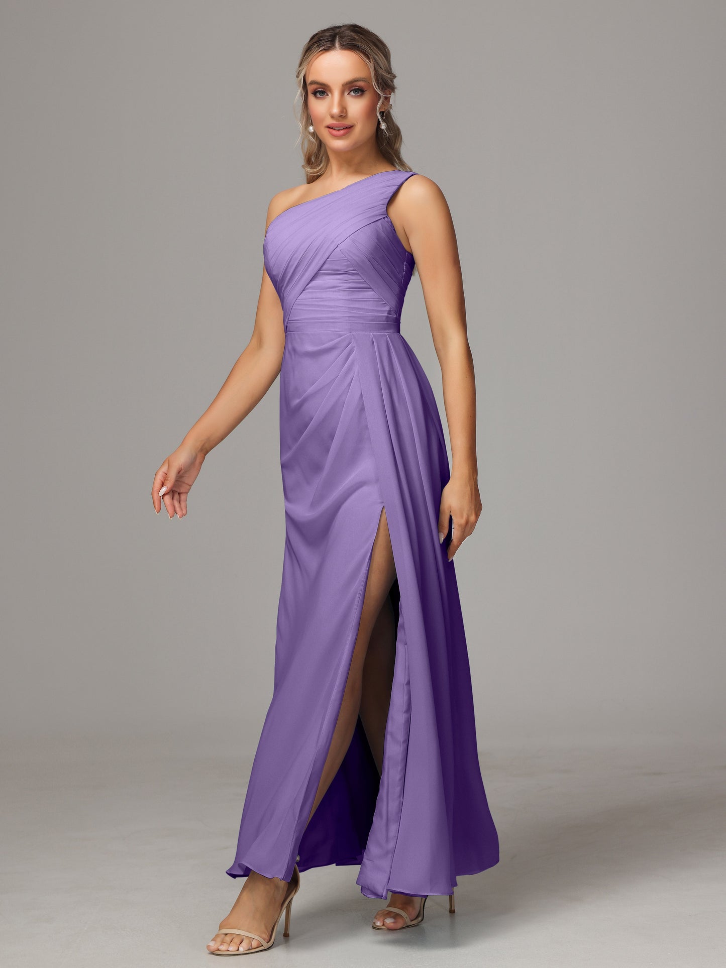 One Shoulder Floor Length Chiffon Bridesmaid Dress