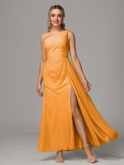 One Shoulder Floor Length Chiffon Bridesmaid Dress