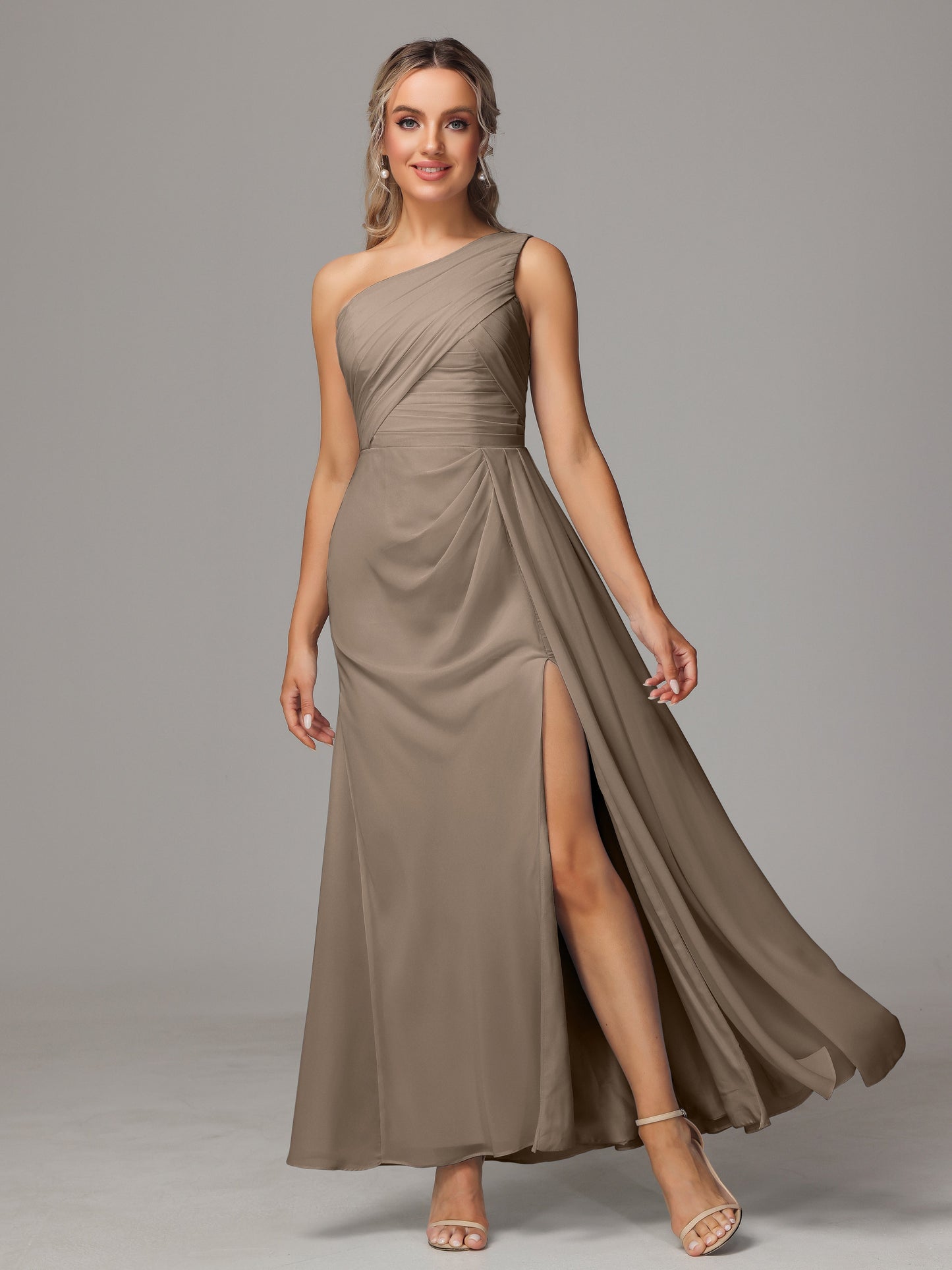 One Shoulder Floor Length Chiffon Bridesmaid Dress