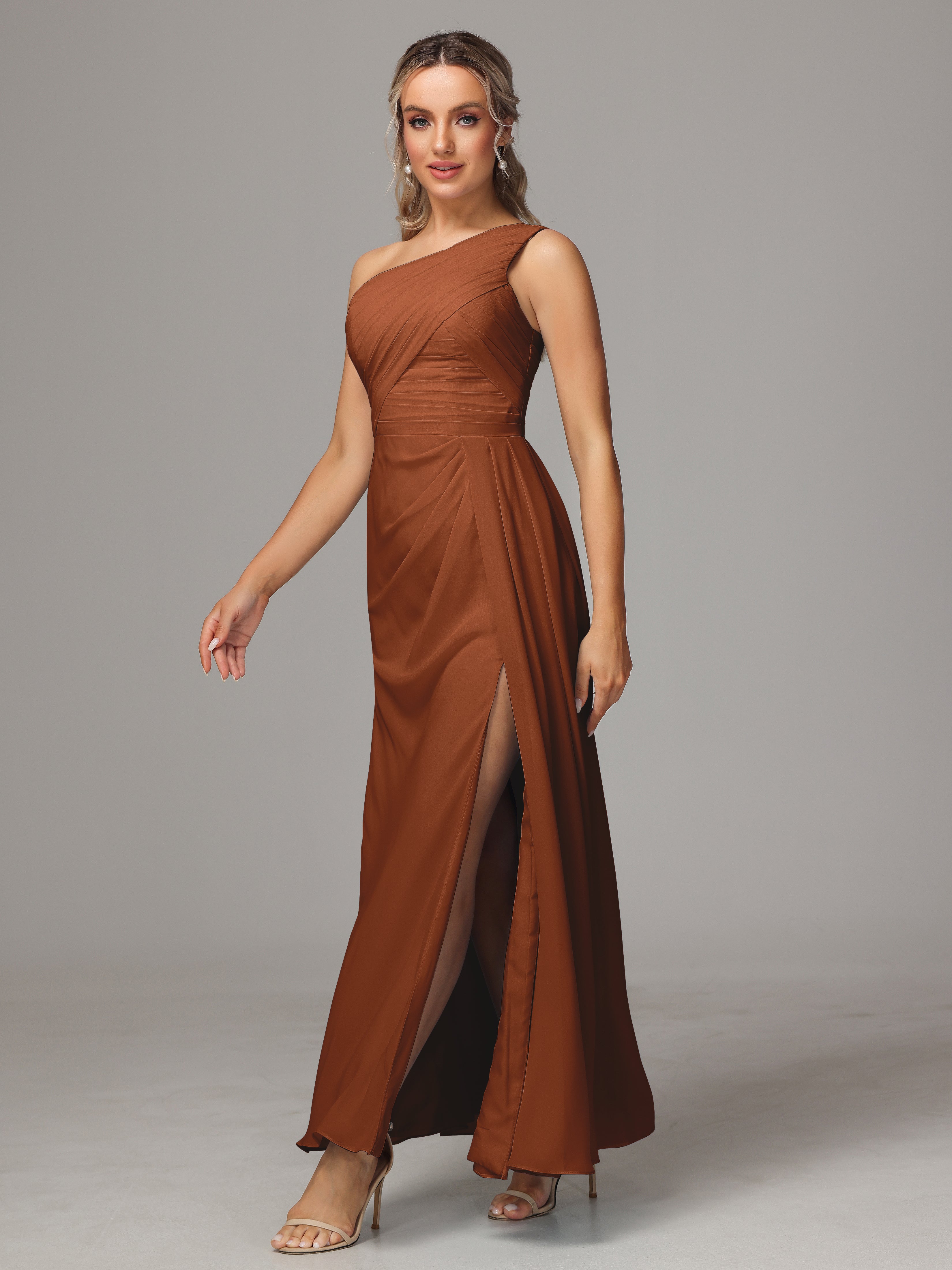 One Shoulder Floor Length Chiffon Bridesmaid Dress