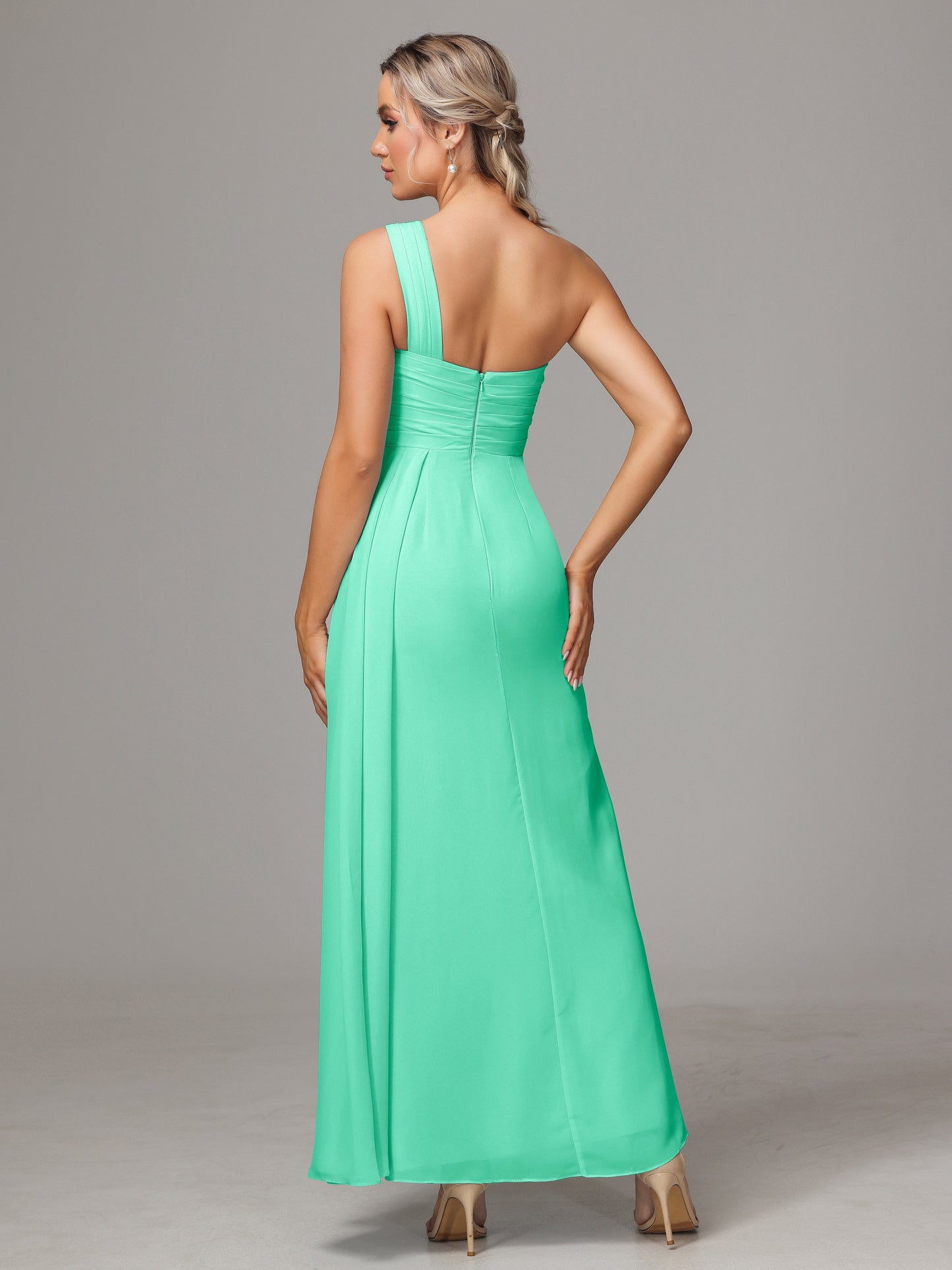 One Shoulder Floor Length Chiffon Bridesmaid Dress