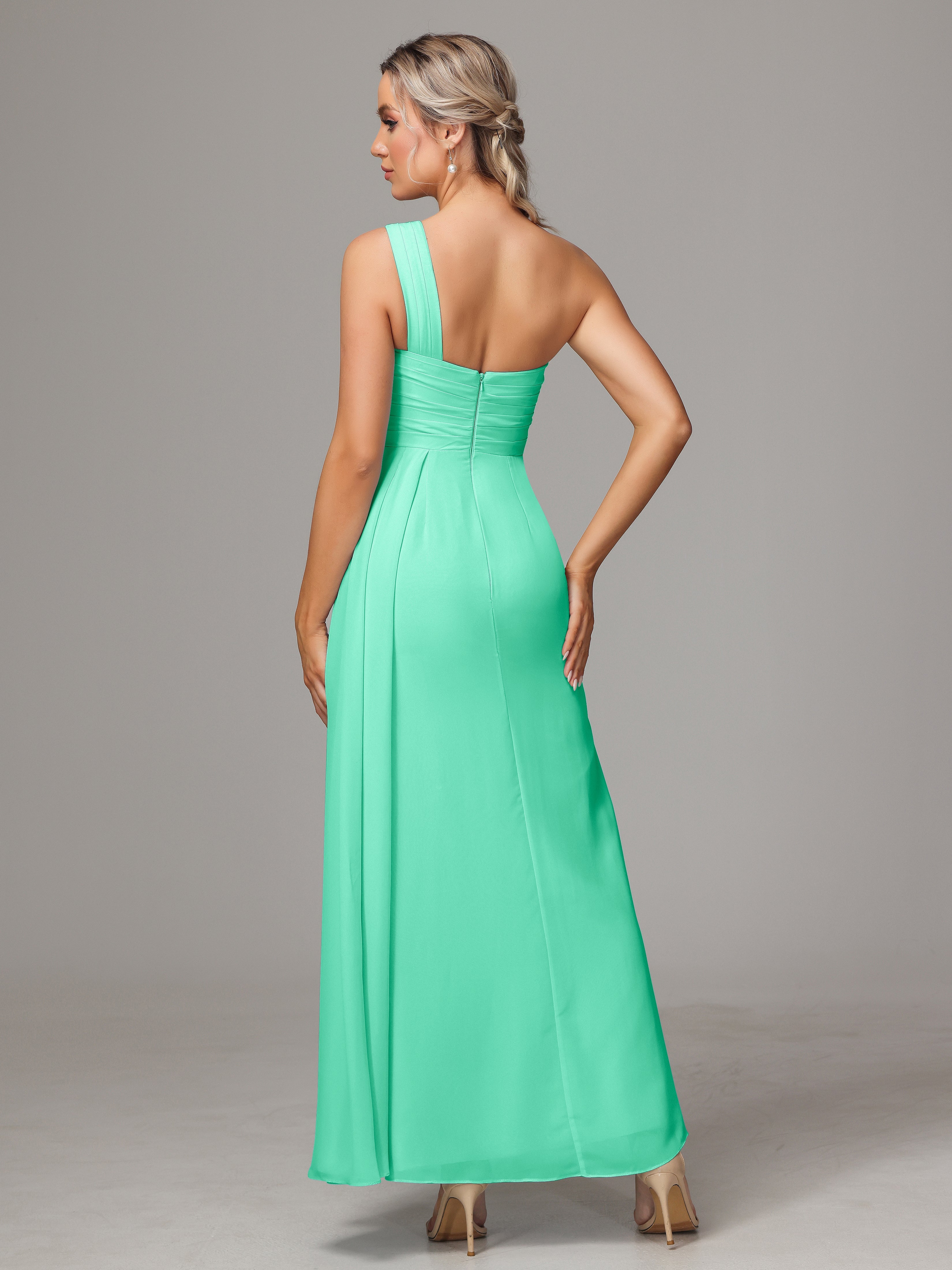 One Shoulder Floor Length Chiffon Bridesmaid Dress