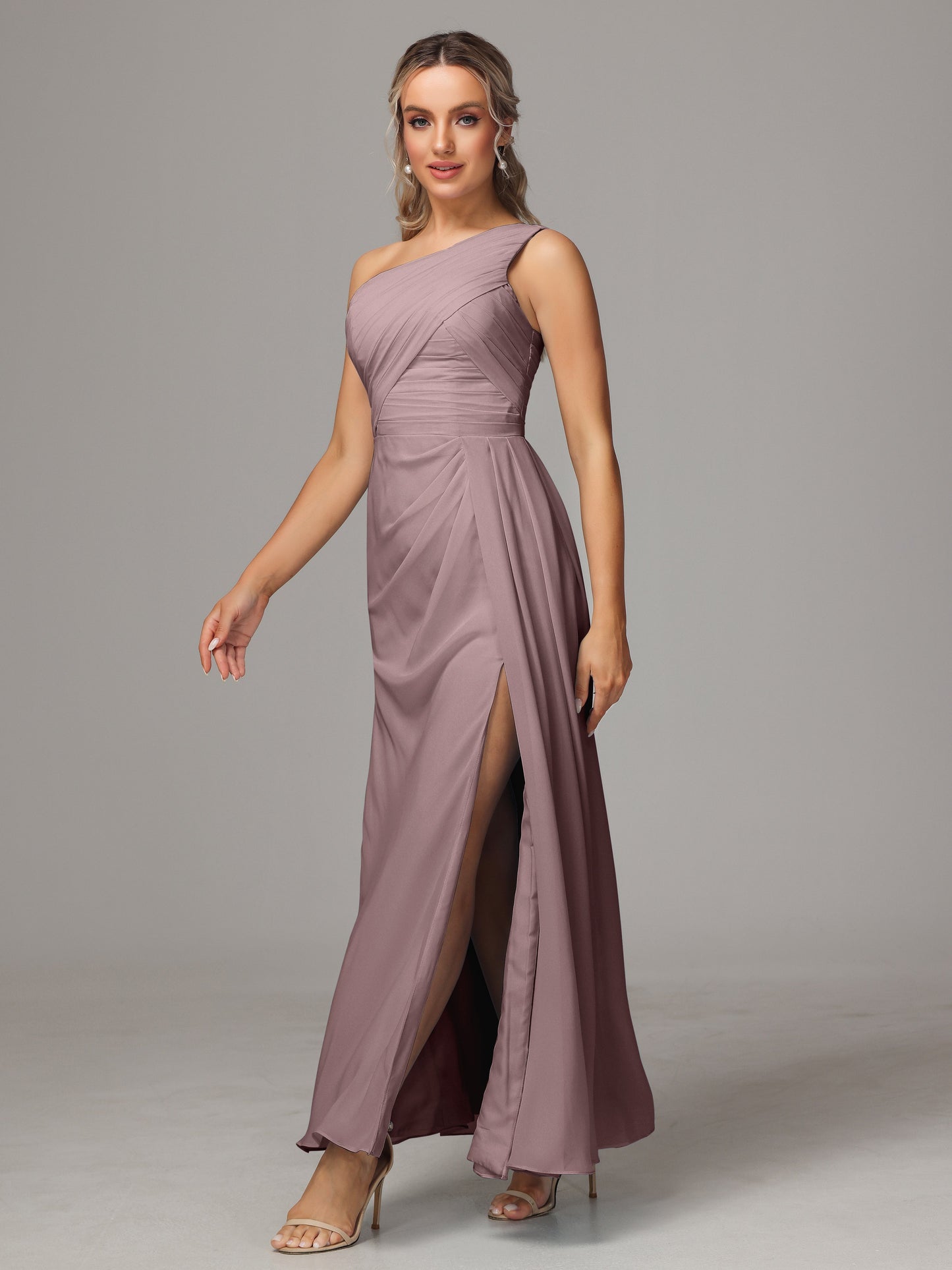 One Shoulder Floor Length Chiffon Bridesmaid Dress