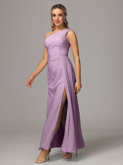 One Shoulder Floor Length Chiffon Bridesmaid Dress