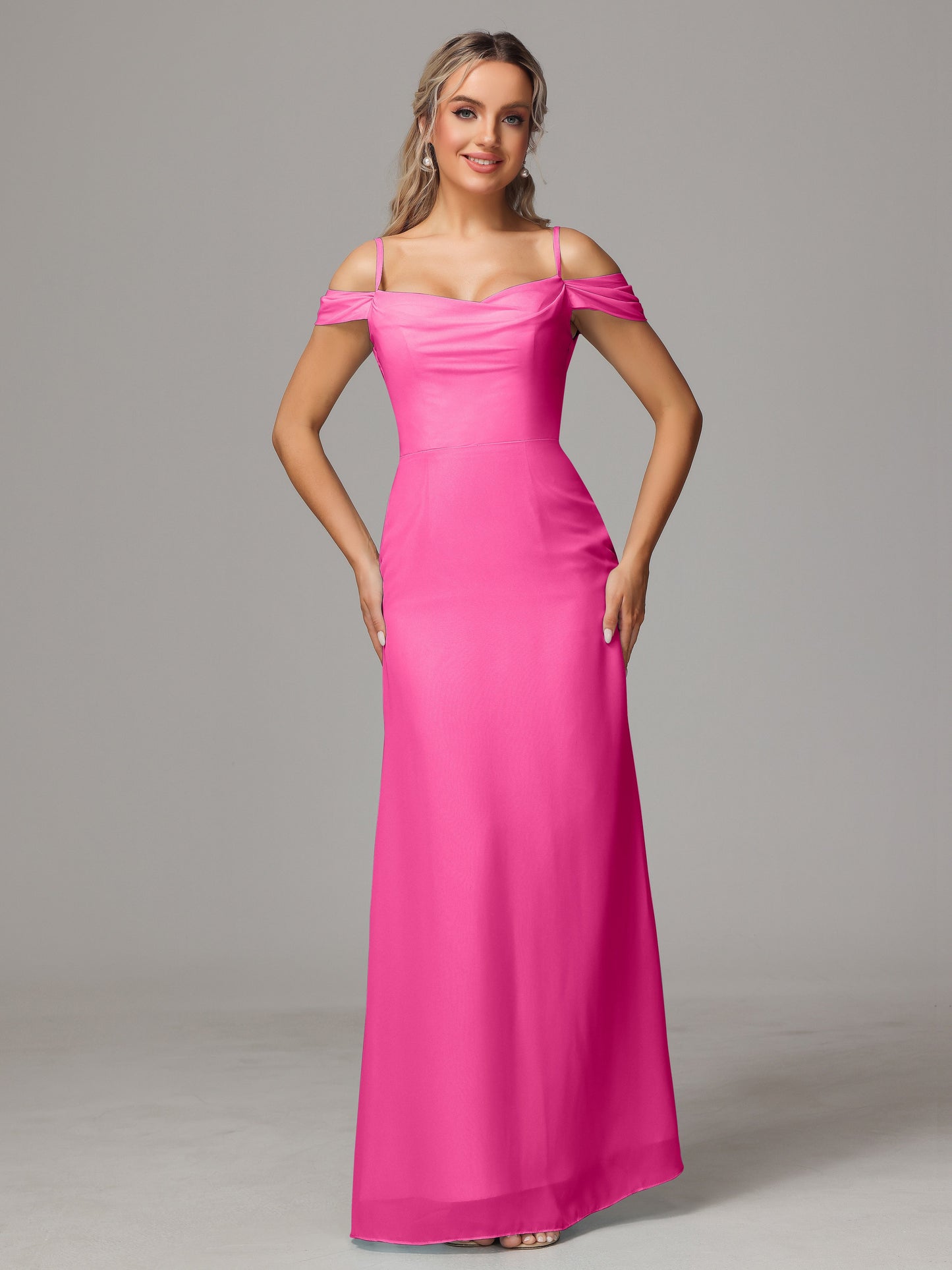 Spaghetti Straps Off The Shoulder Chiffon Bridesmaid Dress With Slit