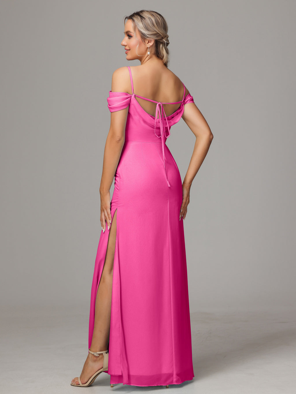 Spaghetti Straps Off The Shoulder Chiffon Bridesmaid Dress With Slit