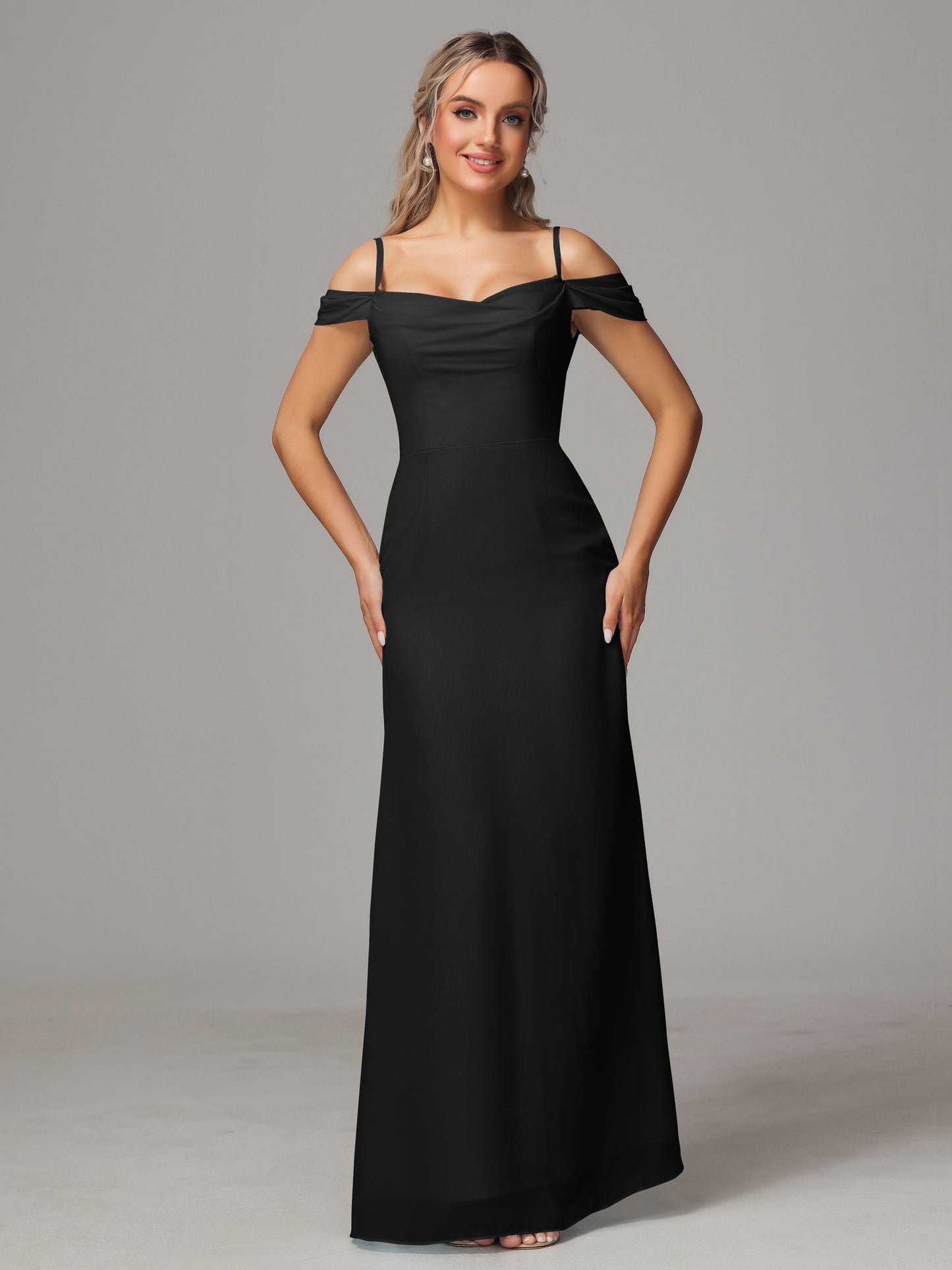 Spaghetti Straps Off The Shoulder Chiffon Bridesmaid Dress With Slit
