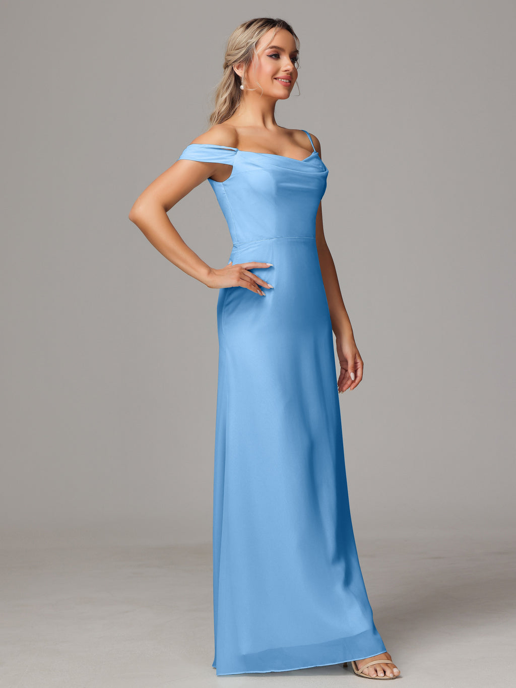Spaghetti Straps Off The Shoulder Chiffon Bridesmaid Dress With Slit