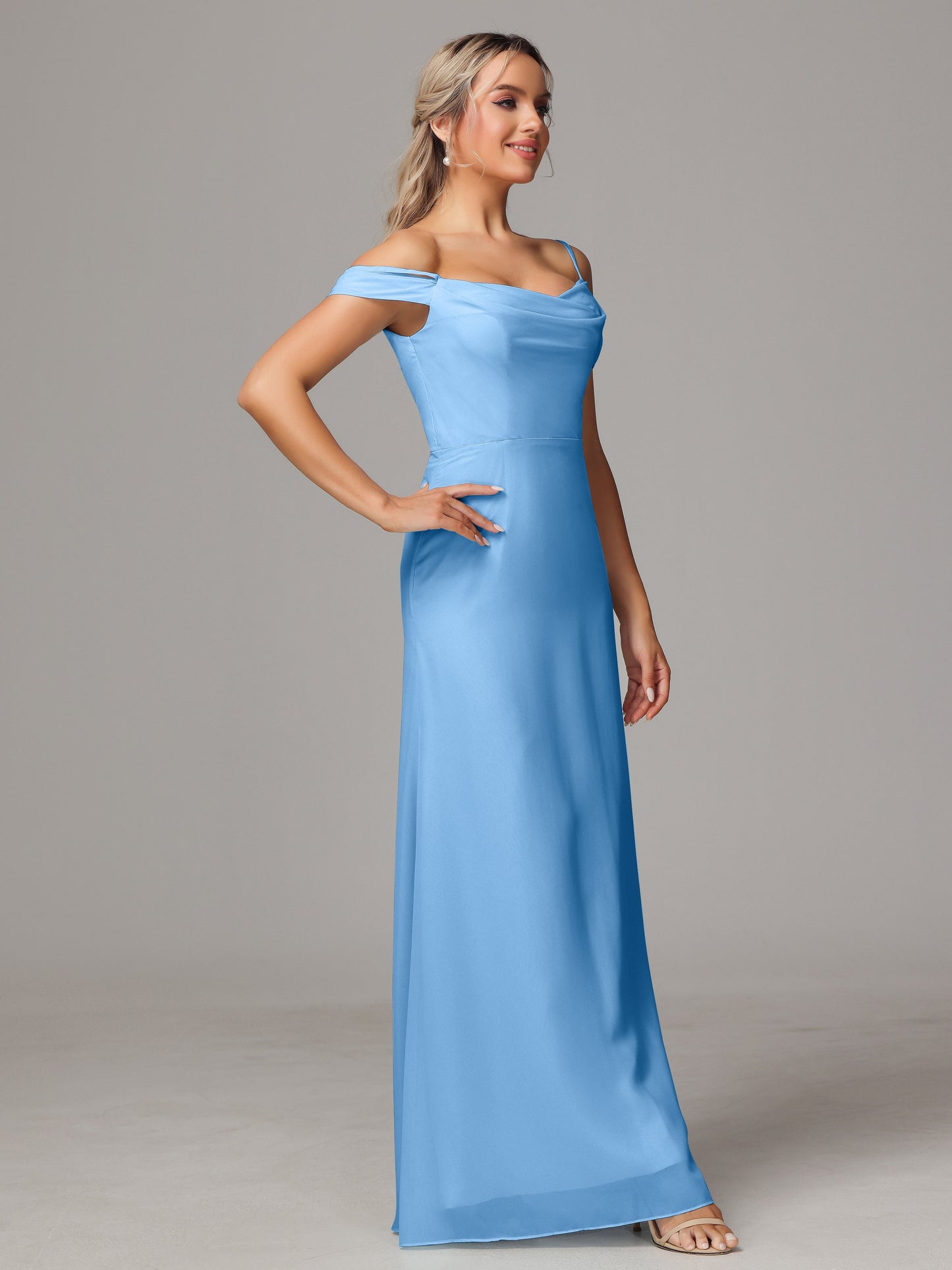 Spaghetti Straps Off The Shoulder Chiffon Bridesmaid Dress With Slit
