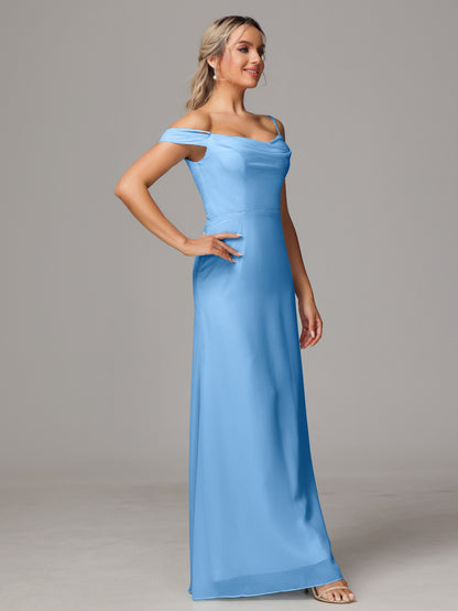 Spaghetti Straps Off The Shoulder Chiffon Bridesmaid Dress With Slit
