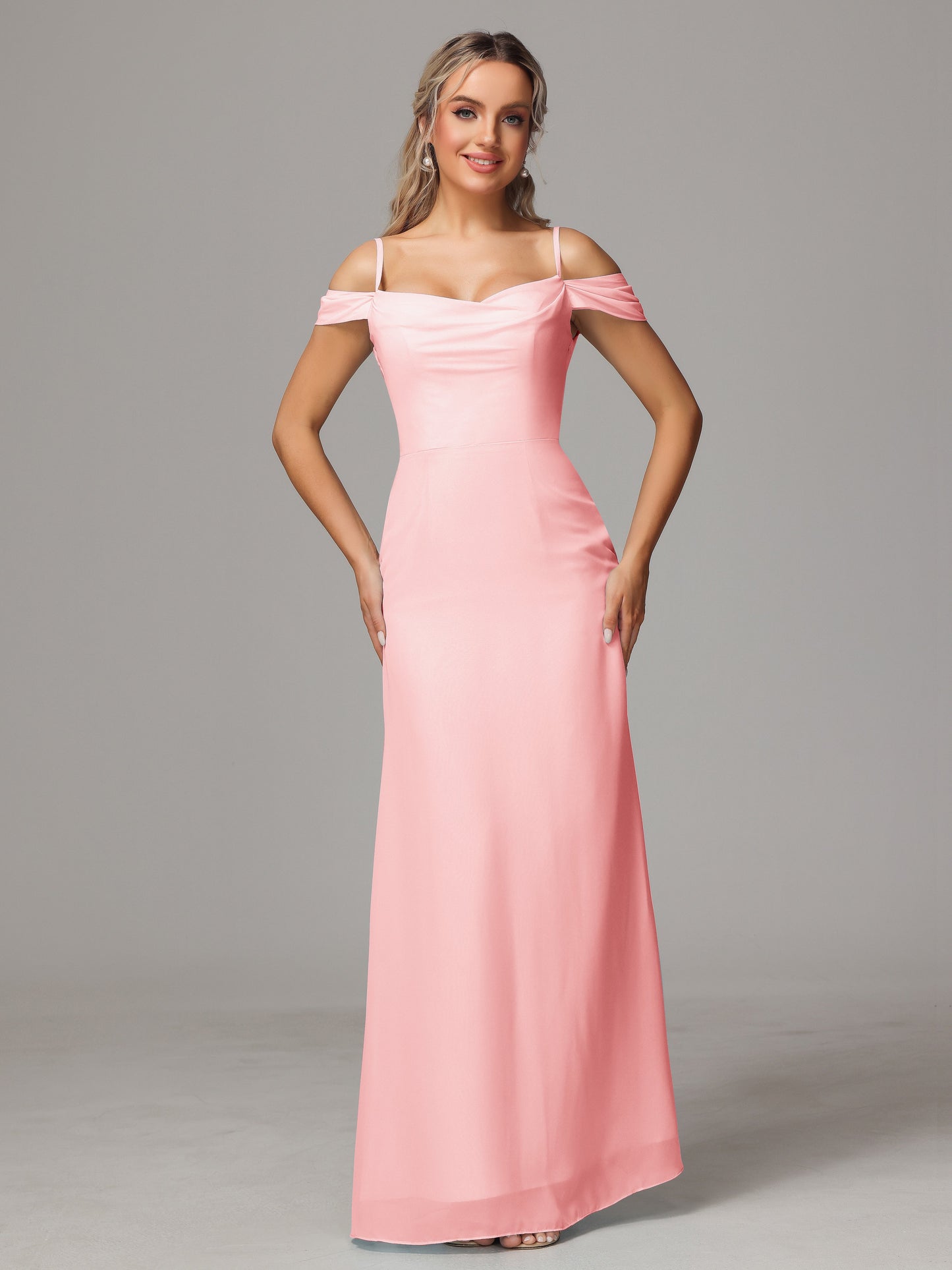 Spaghetti Straps Off The Shoulder Chiffon Bridesmaid Dress With Slit