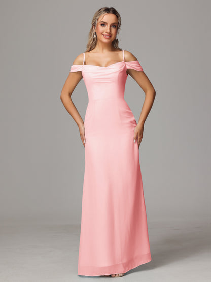 Spaghetti Straps Off The Shoulder Chiffon Bridesmaid Dress With Slit