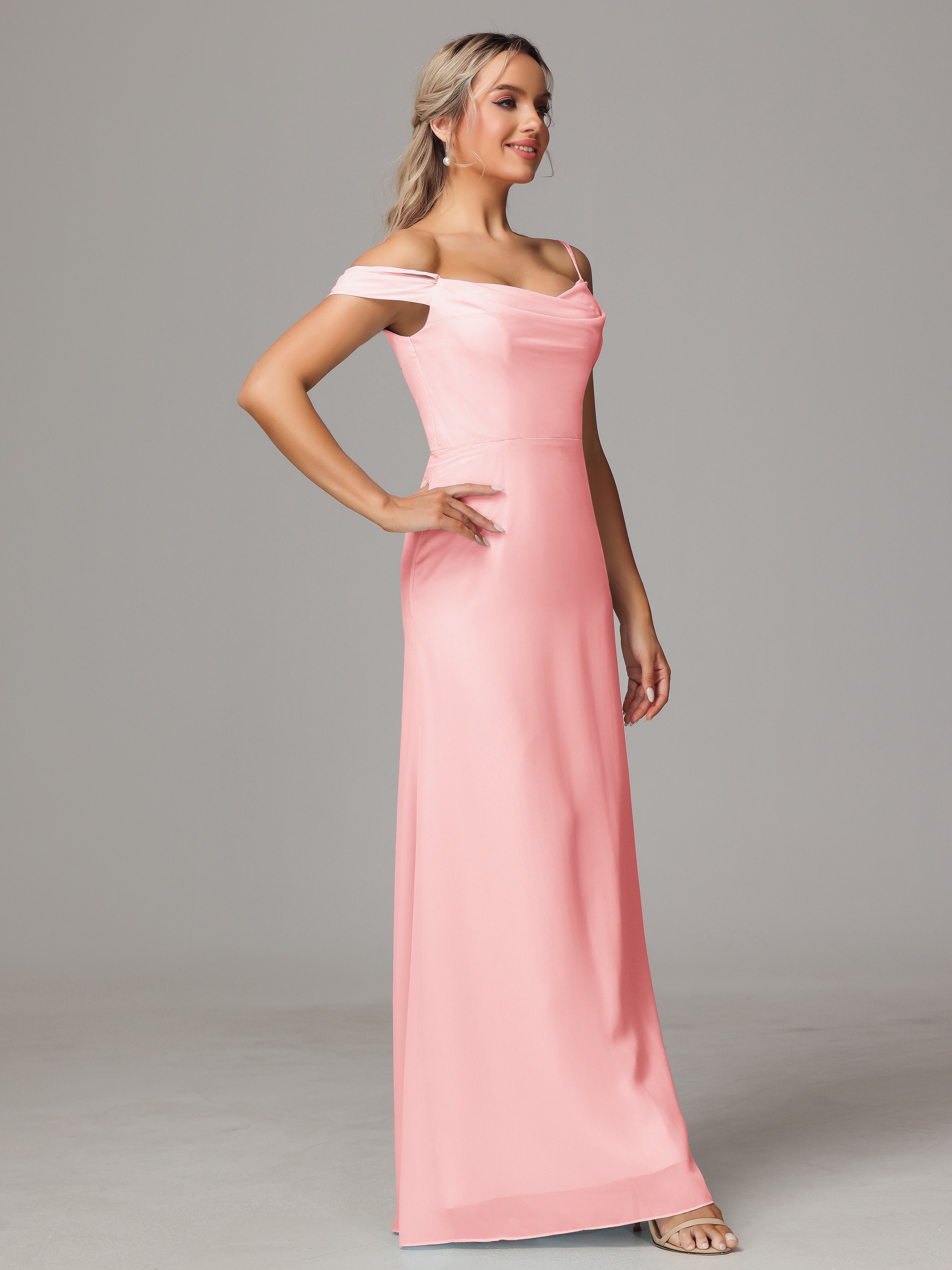Spaghetti Straps Off The Shoulder Chiffon Bridesmaid Dress With Slit