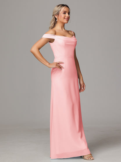 Spaghetti Straps Off The Shoulder Chiffon Bridesmaid Dress With Slit