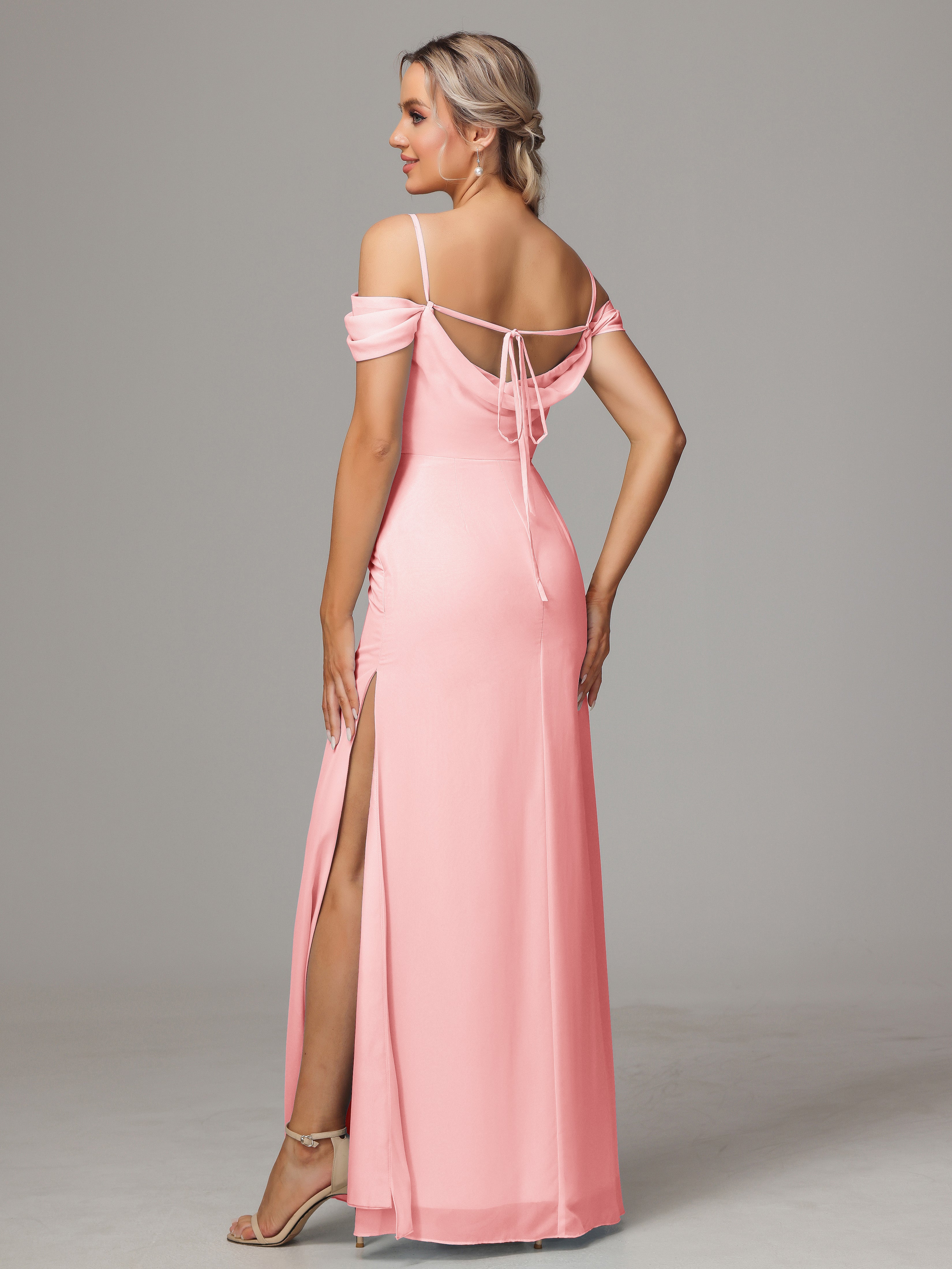 Spaghetti Straps Off The Shoulder Chiffon Bridesmaid Dress With Slit