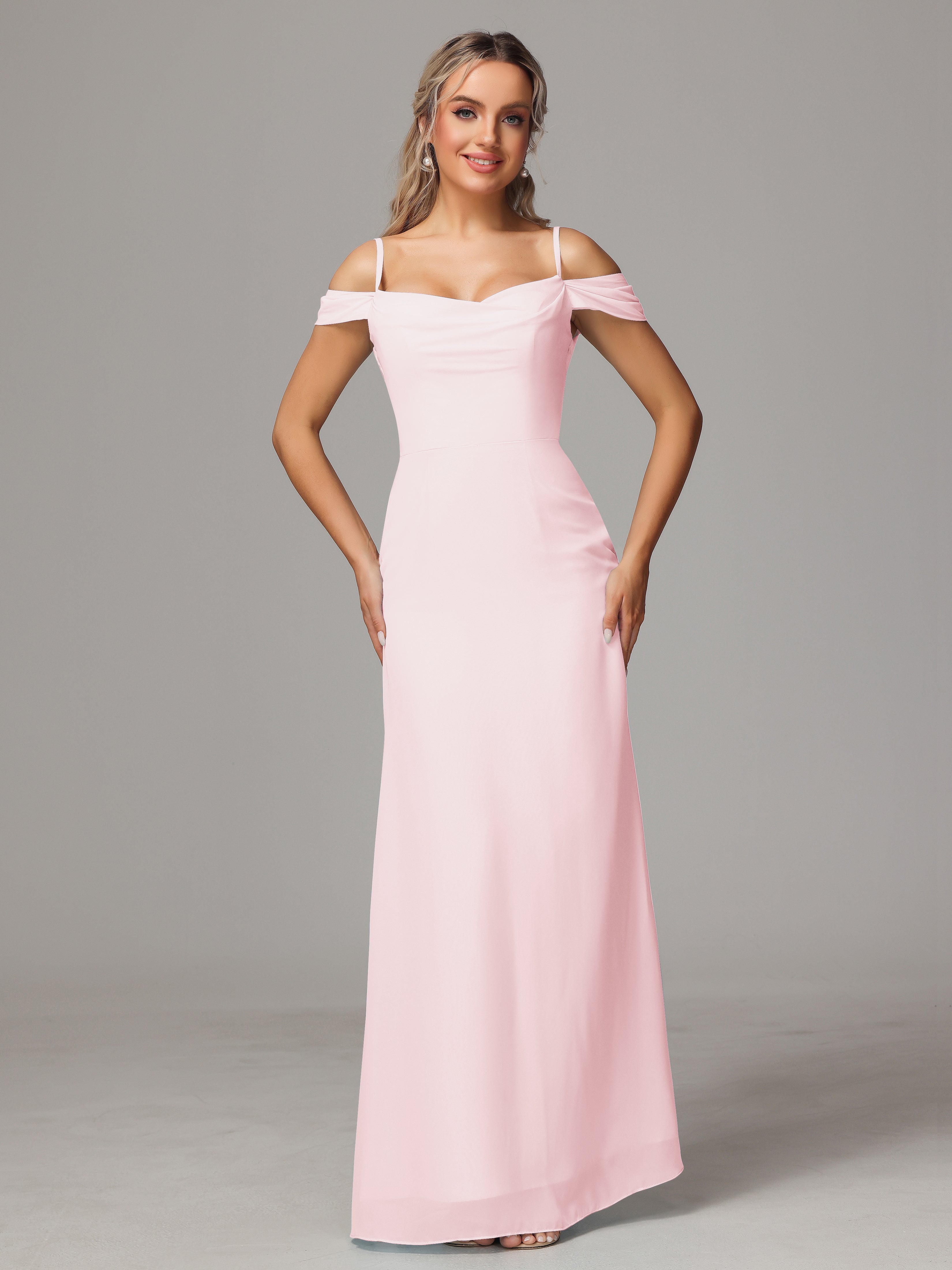 Spaghetti Straps Off The Shoulder Chiffon Bridesmaid Dress With Slit
