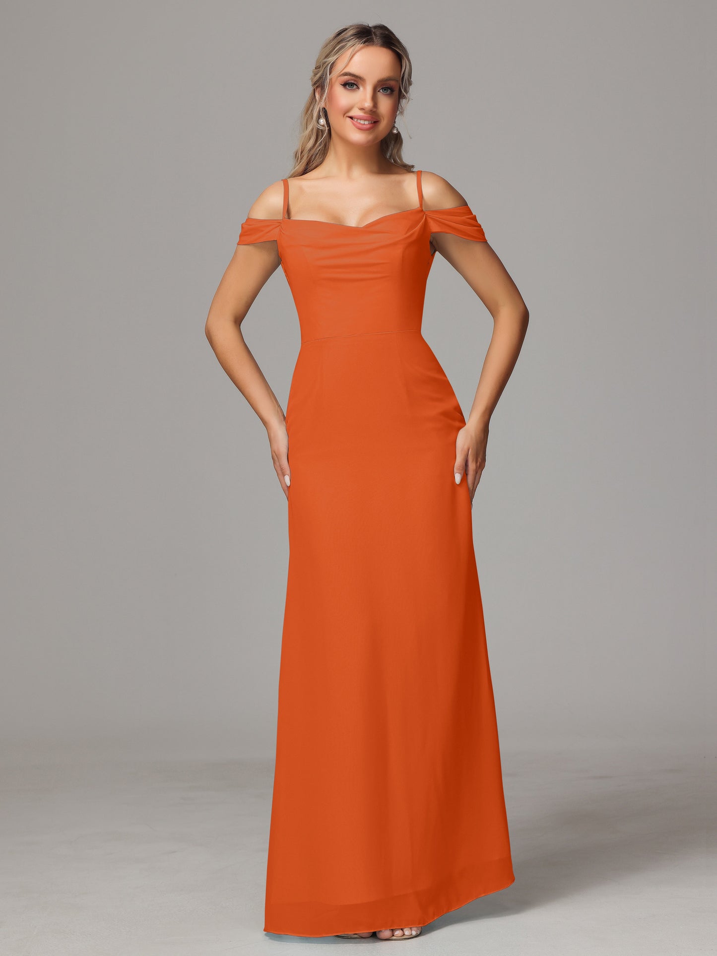 Spaghetti Straps Off The Shoulder Chiffon Bridesmaid Dress With Slit