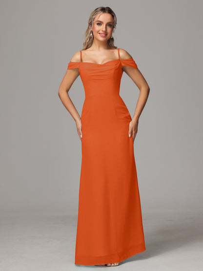 Spaghetti Straps Off The Shoulder Chiffon Bridesmaid Dress With Slit