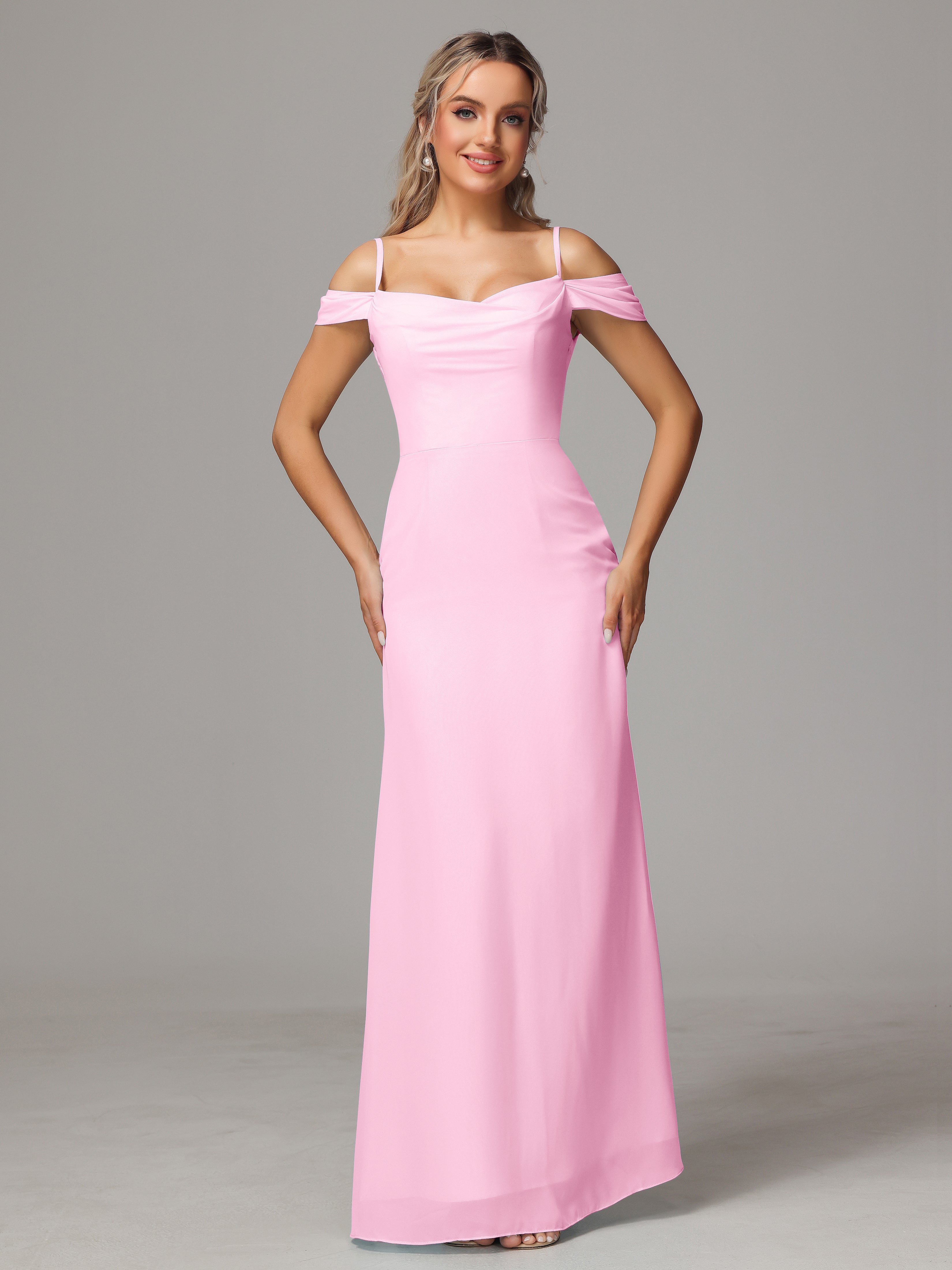 Spaghetti Straps Off The Shoulder Chiffon Bridesmaid Dress With Slit