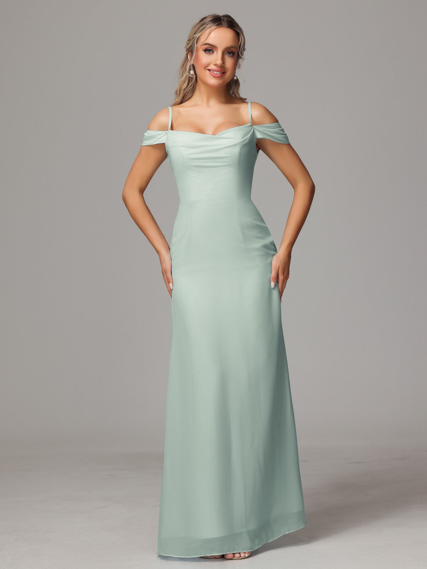 Spaghetti Straps Off The Shoulder Chiffon Bridesmaid Dress With Slit