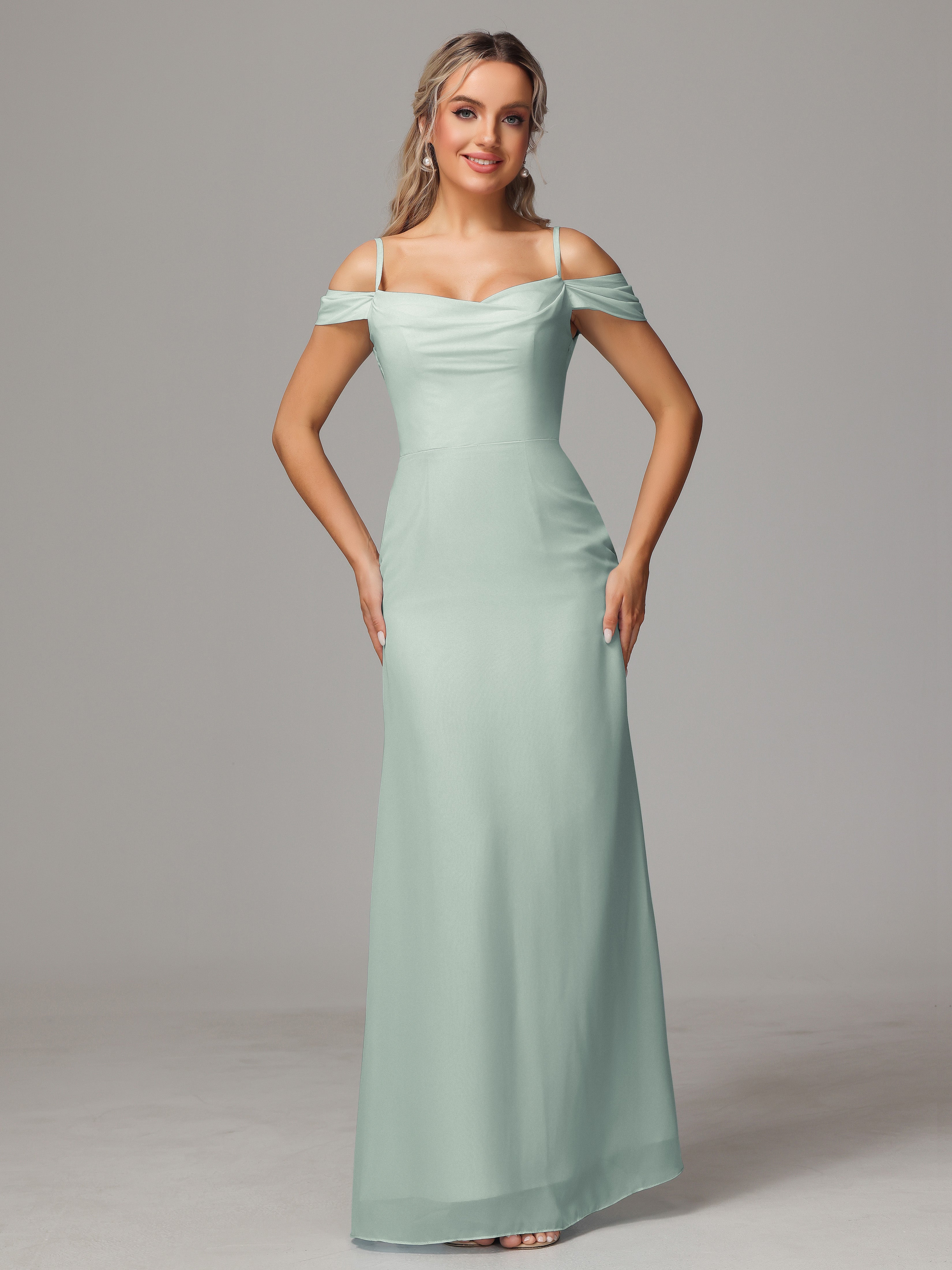 Spaghetti Straps Off The Shoulder Chiffon Bridesmaid Dress With Slit