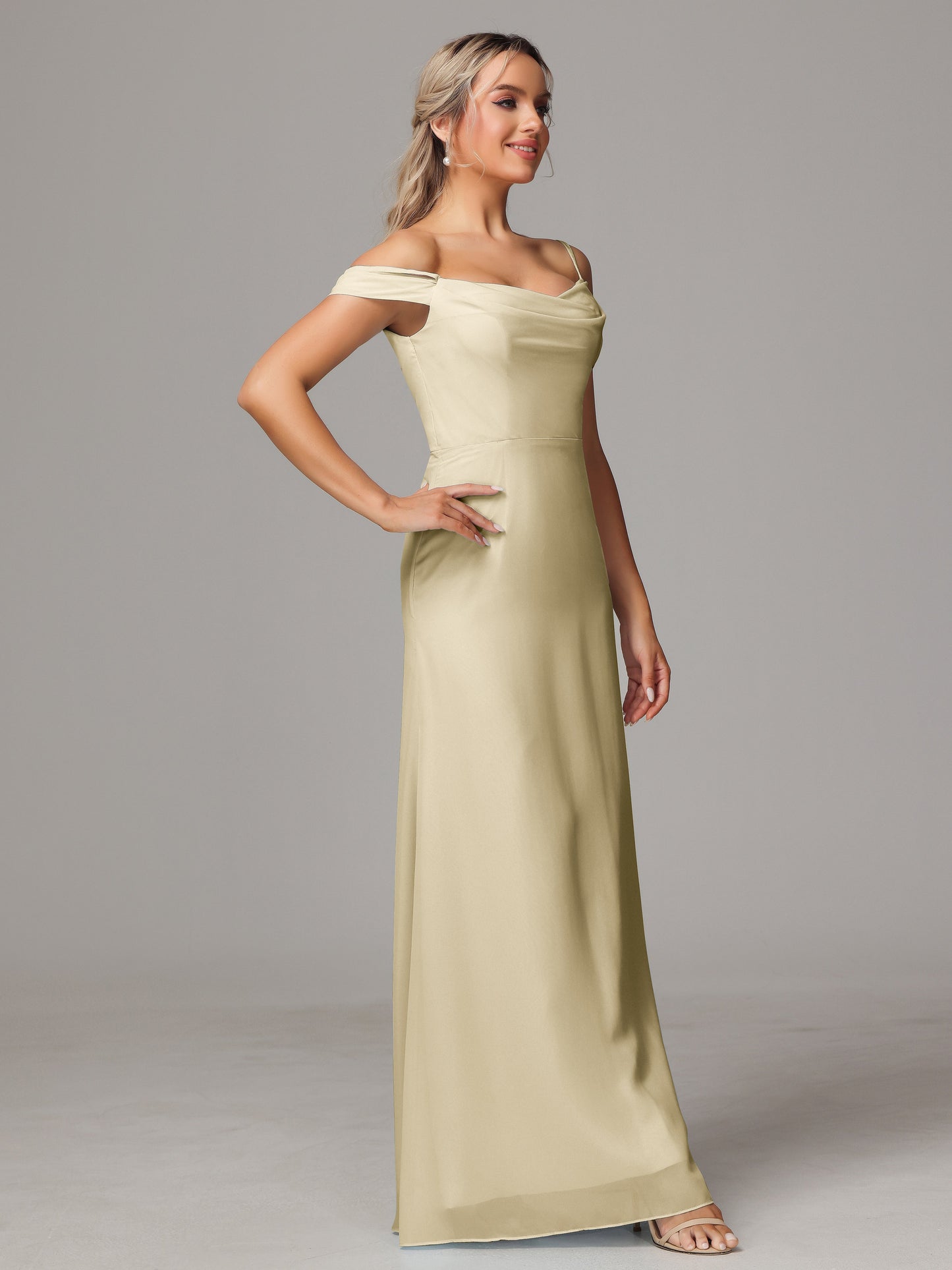 Spaghetti Straps Off The Shoulder Chiffon Bridesmaid Dress With Slit