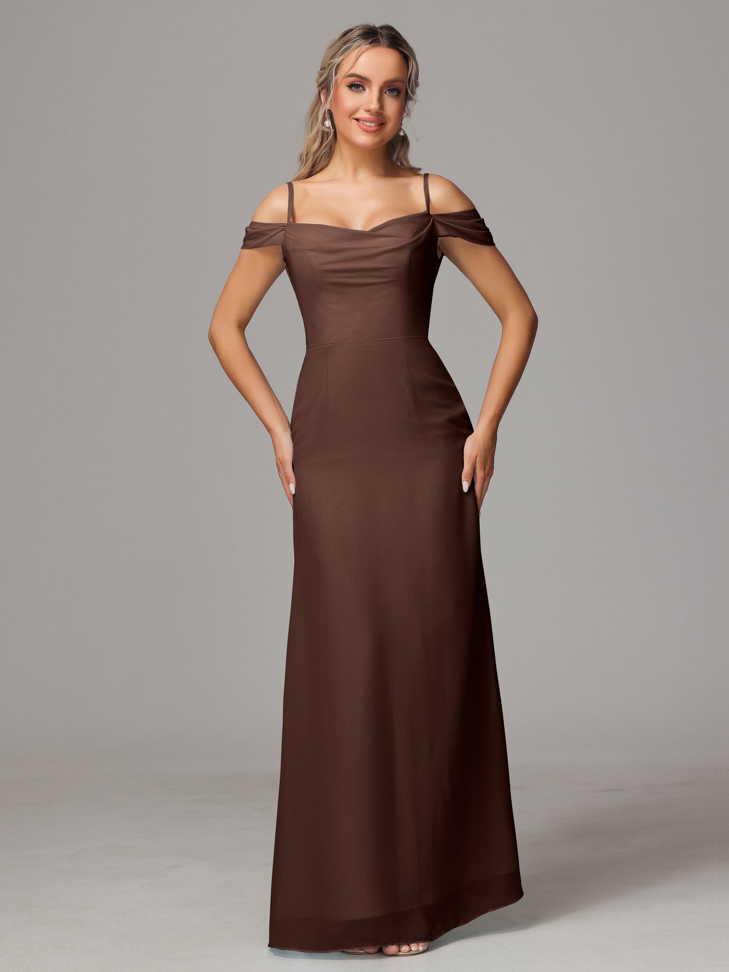 Spaghetti Straps Off The Shoulder Chiffon Bridesmaid Dress With Slit