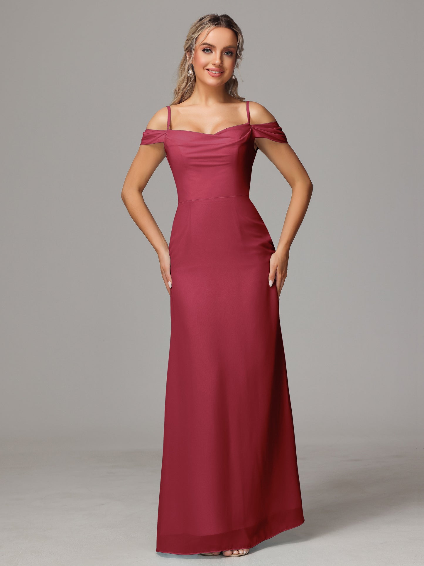 Spaghetti Straps Off The Shoulder Chiffon Bridesmaid Dress With Slit