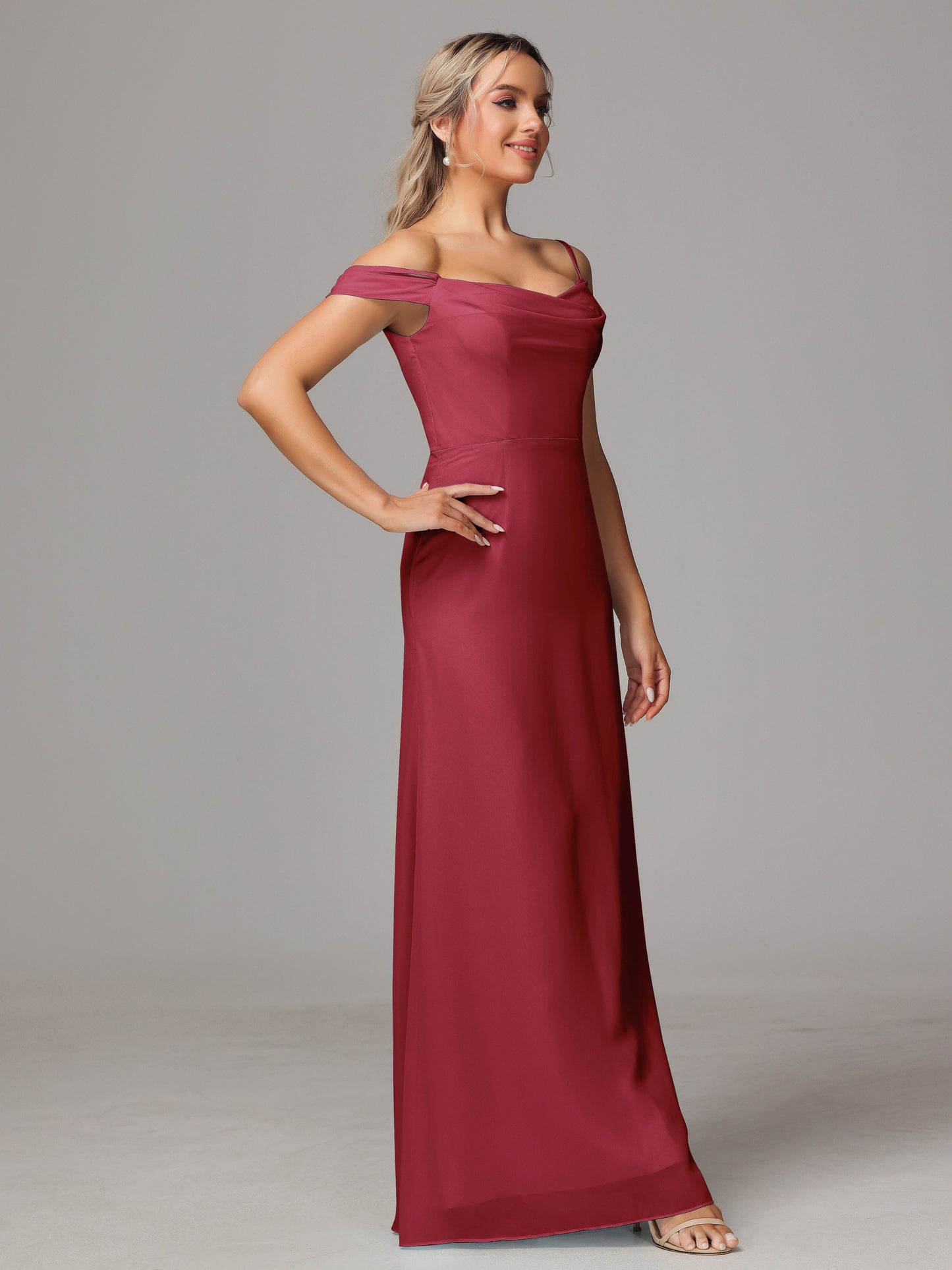 Spaghetti Straps Off The Shoulder Chiffon Bridesmaid Dress With Slit