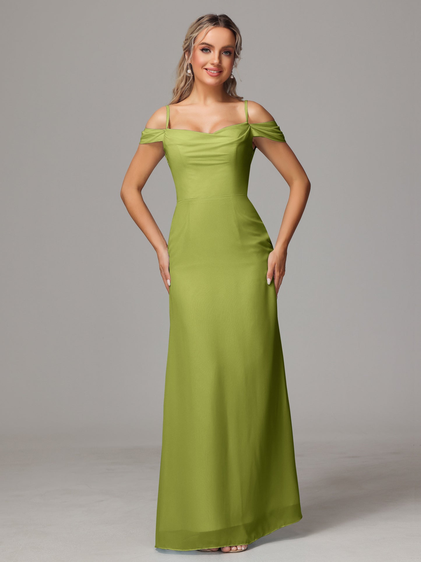 Spaghetti Straps Off The Shoulder Chiffon Bridesmaid Dress With Slit