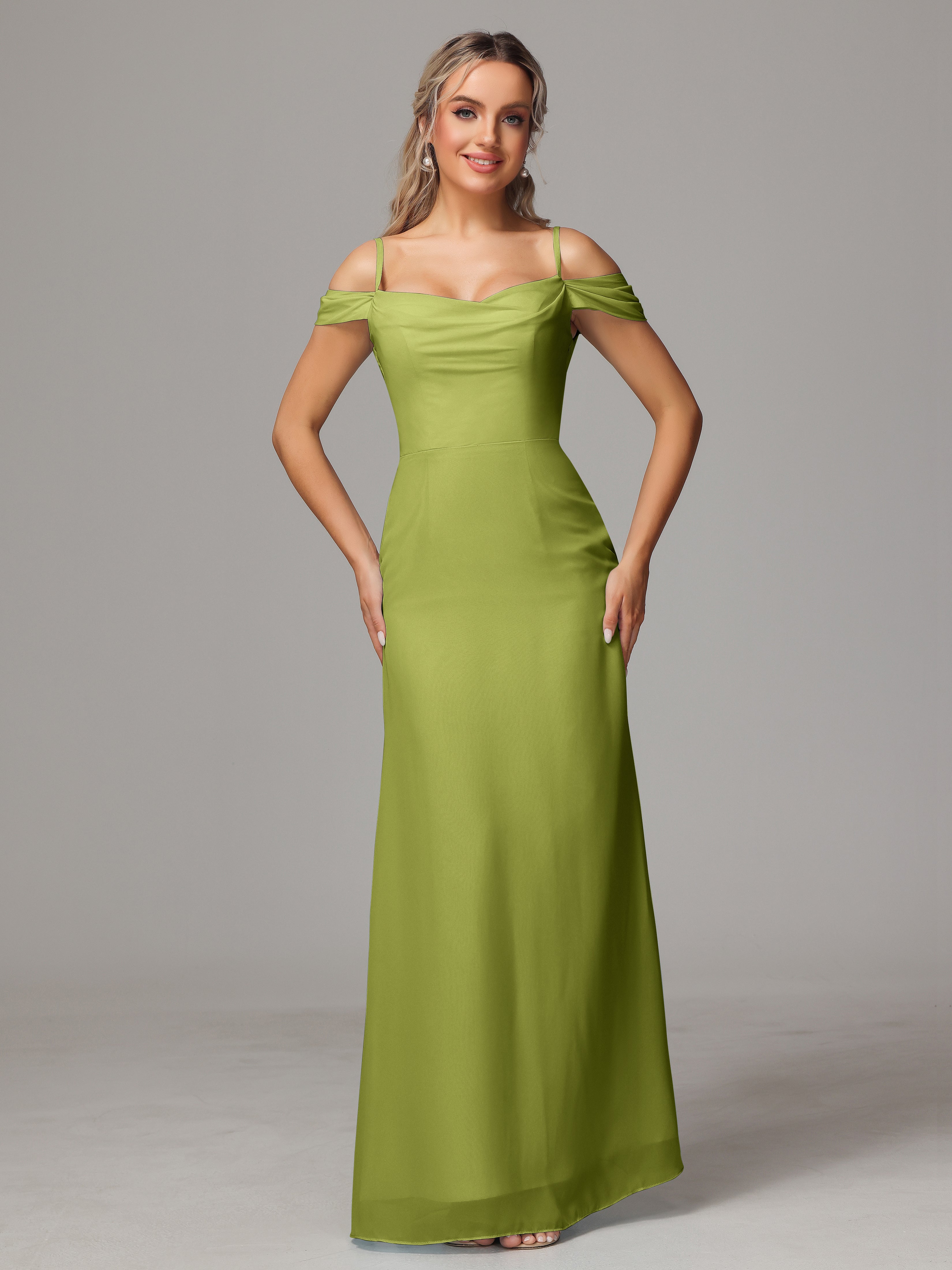 Spaghetti Straps Off The Shoulder Chiffon Bridesmaid Dress With Slit
