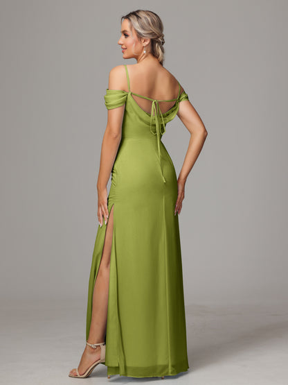 Spaghetti Straps Off The Shoulder Chiffon Bridesmaid Dress With Slit