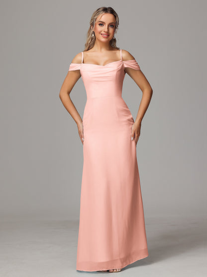 Spaghetti Straps Off The Shoulder Chiffon Bridesmaid Dress With Slit