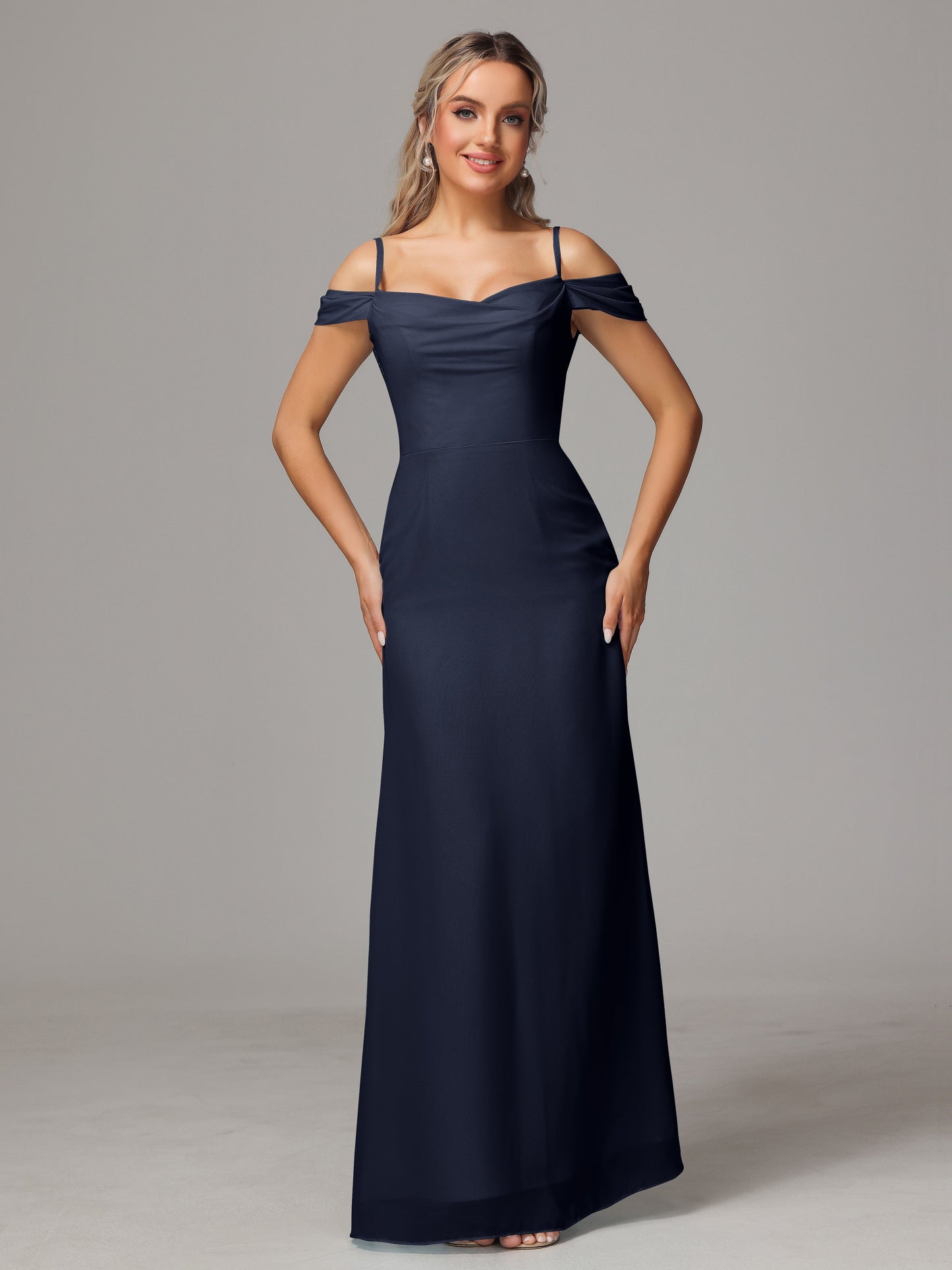 Spaghetti Straps Off The Shoulder Chiffon Bridesmaid Dress With Slit