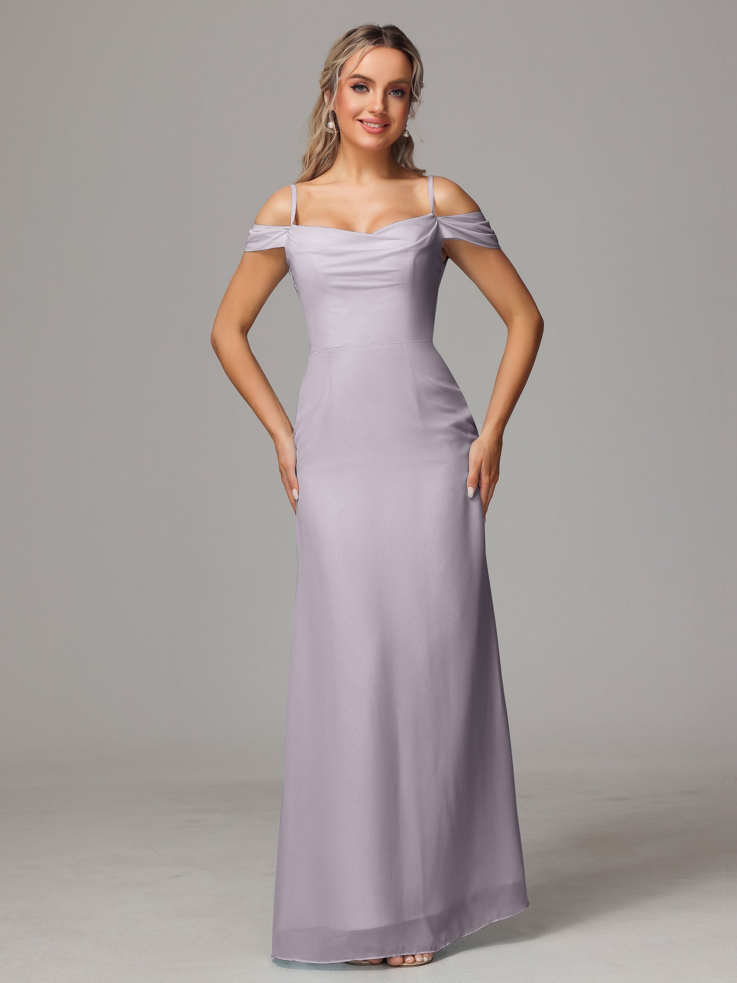 Spaghetti Straps Off The Shoulder Chiffon Bridesmaid Dress With Slit