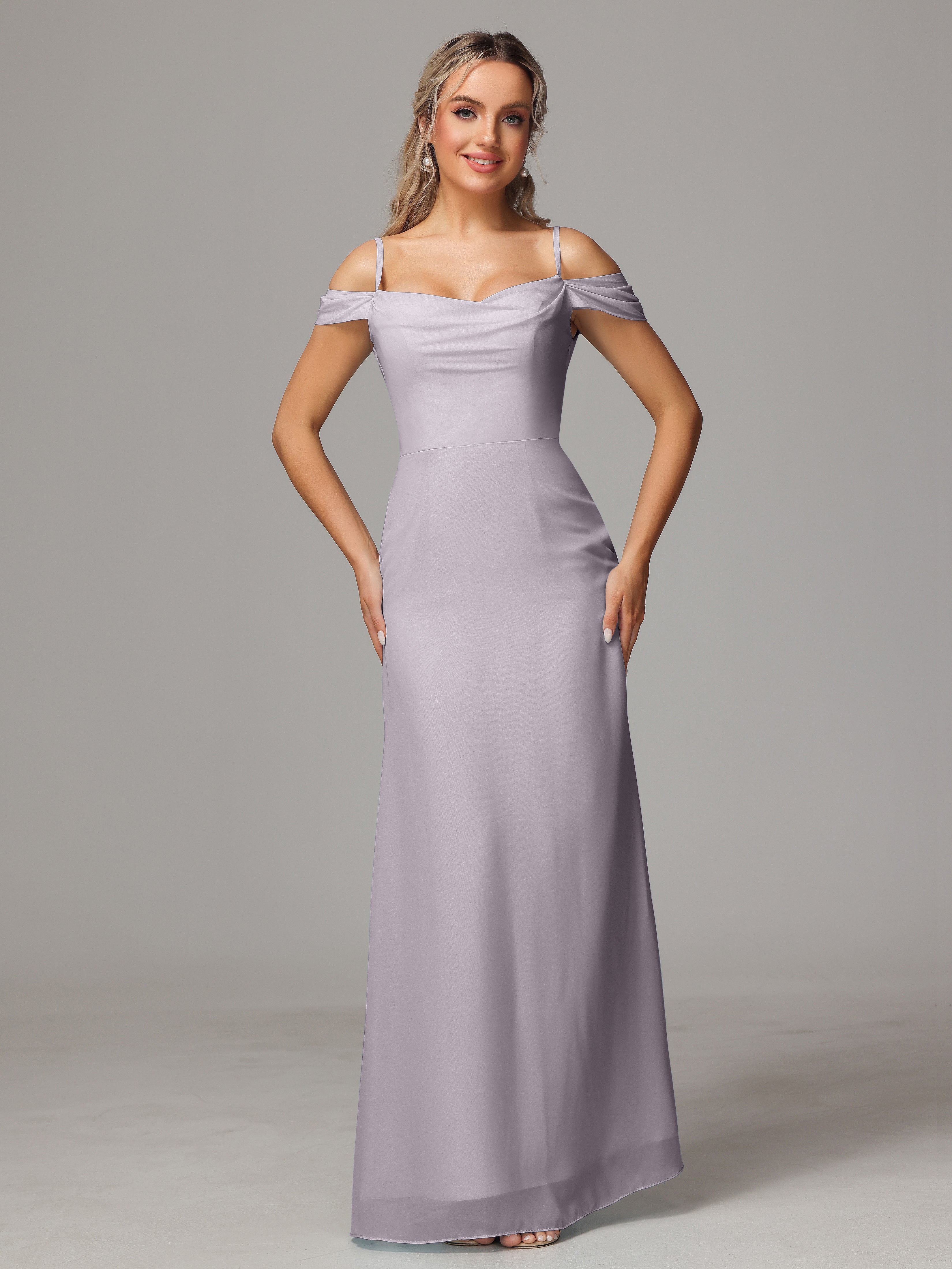 Spaghetti Straps Off The Shoulder Chiffon Bridesmaid Dress With Slit