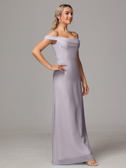 Spaghetti Straps Off The Shoulder Chiffon Bridesmaid Dress With Slit