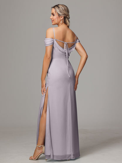 Spaghetti Straps Off The Shoulder Chiffon Bridesmaid Dress With Slit