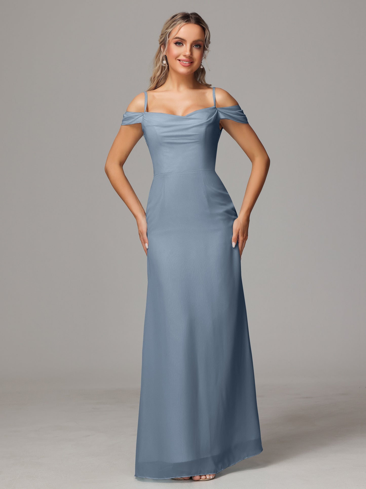 Spaghetti Straps Off The Shoulder Chiffon Bridesmaid Dress With Slit