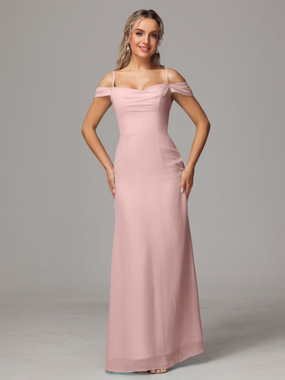 Spaghetti Straps Off The Shoulder Chiffon Bridesmaid Dress With Slit