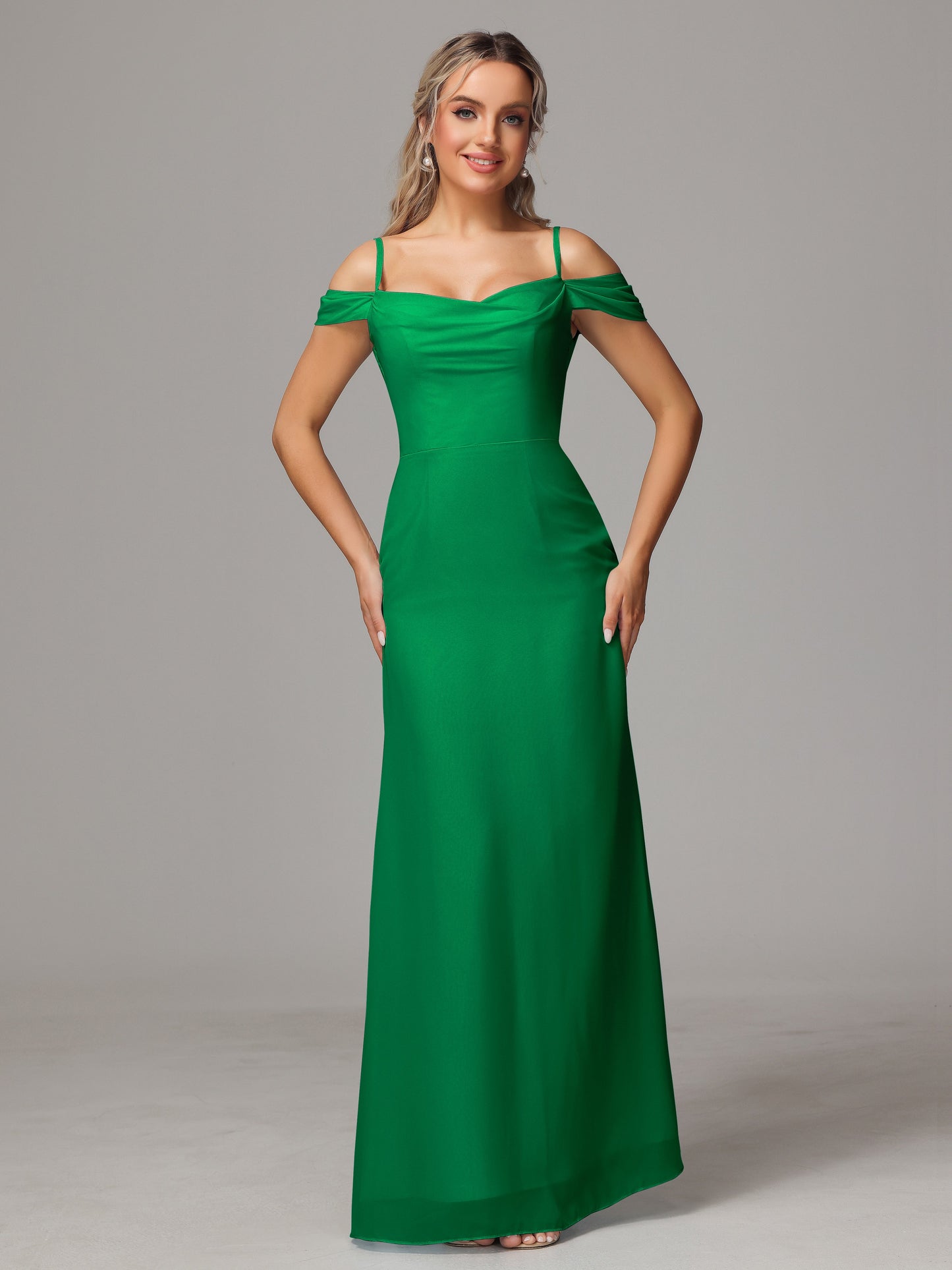 Spaghetti Straps Off The Shoulder Chiffon Bridesmaid Dress With Slit