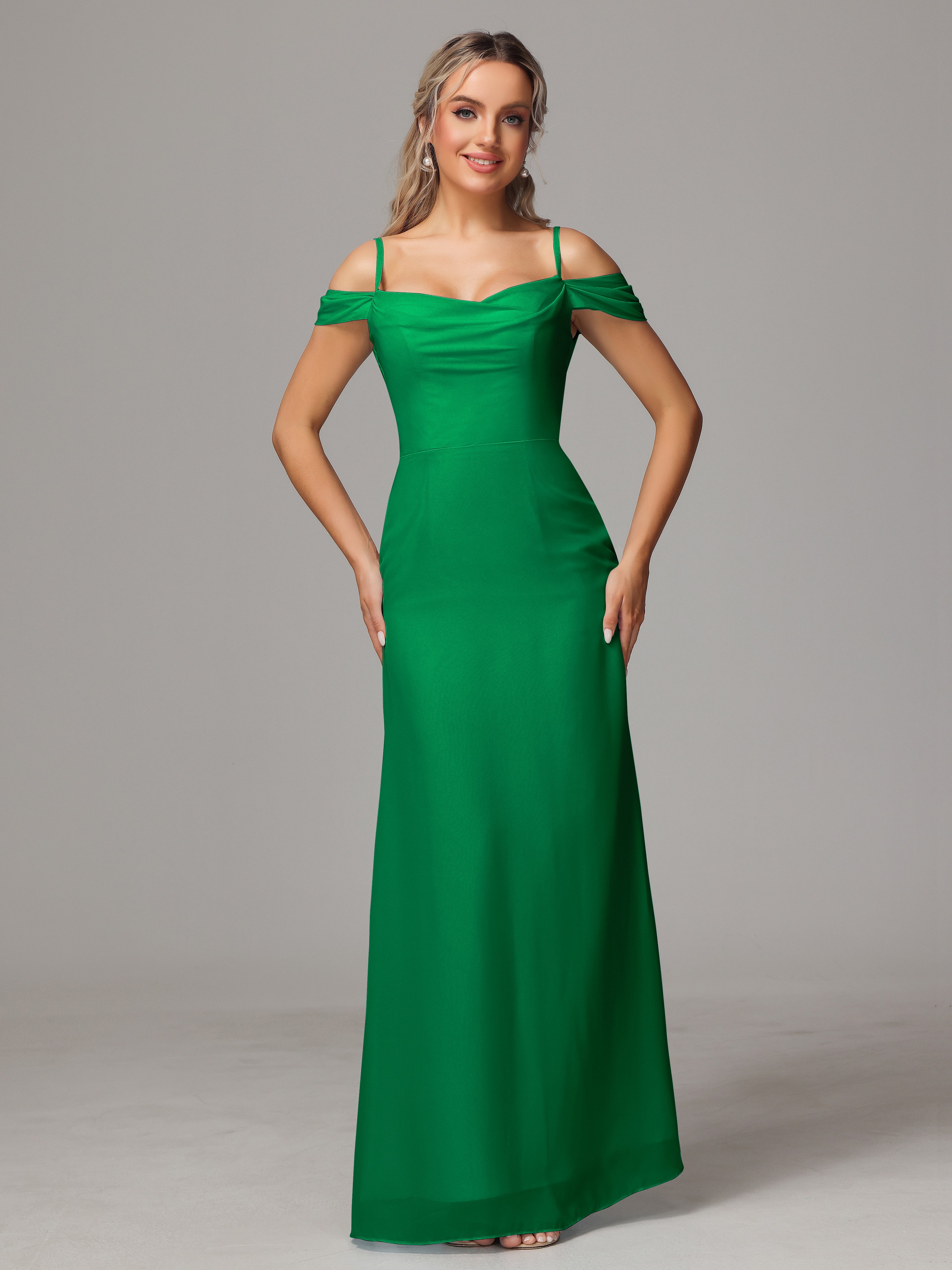 Spaghetti Straps Off The Shoulder Chiffon Bridesmaid Dress With Slit