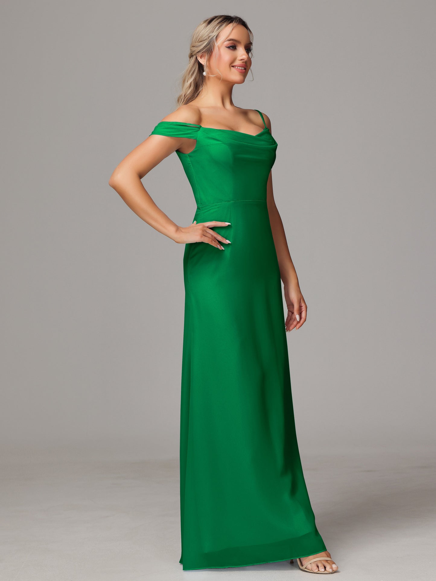 Spaghetti Straps Off The Shoulder Chiffon Bridesmaid Dress With Slit
