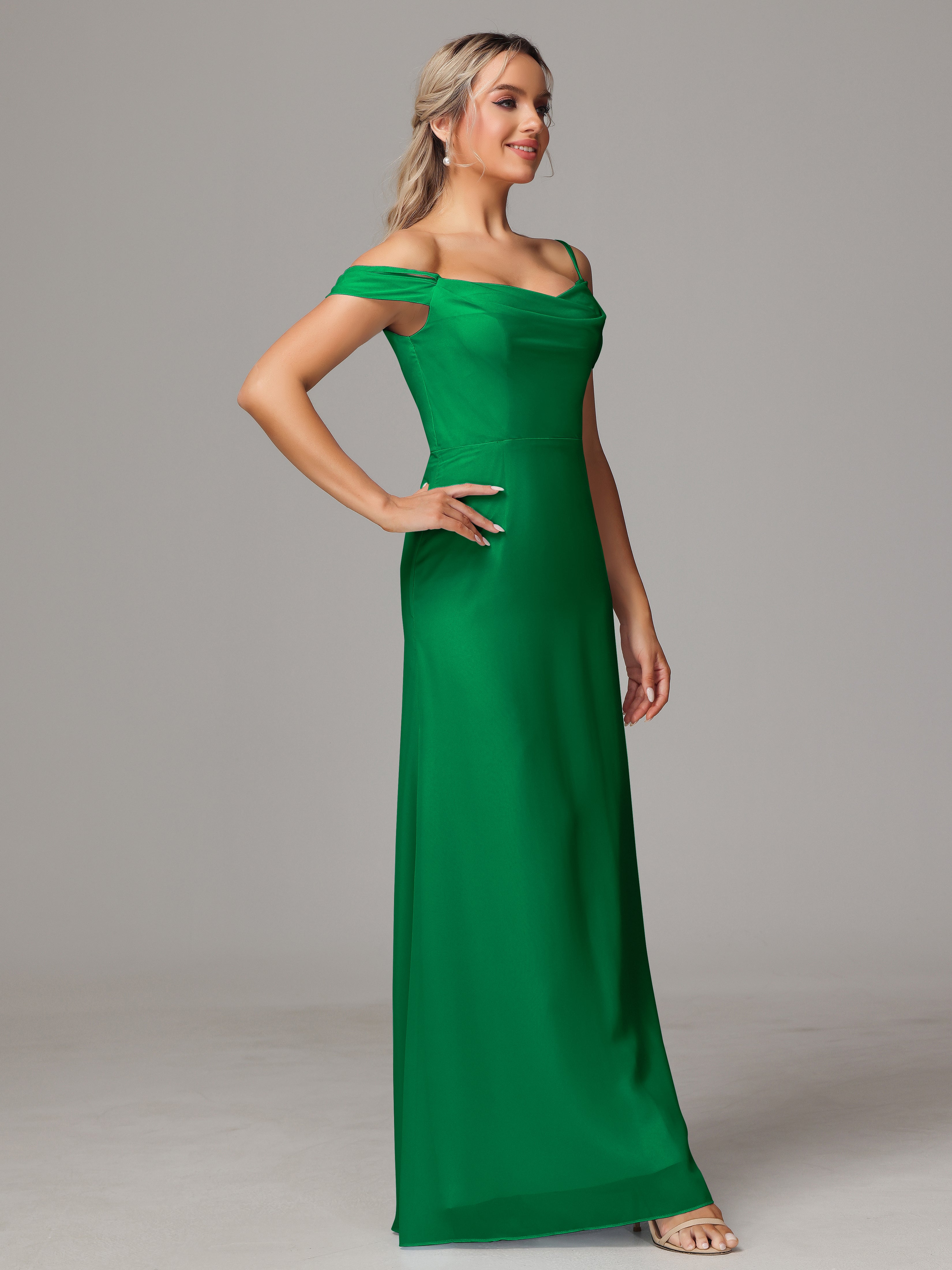Spaghetti Straps Off The Shoulder Chiffon Bridesmaid Dress With Slit