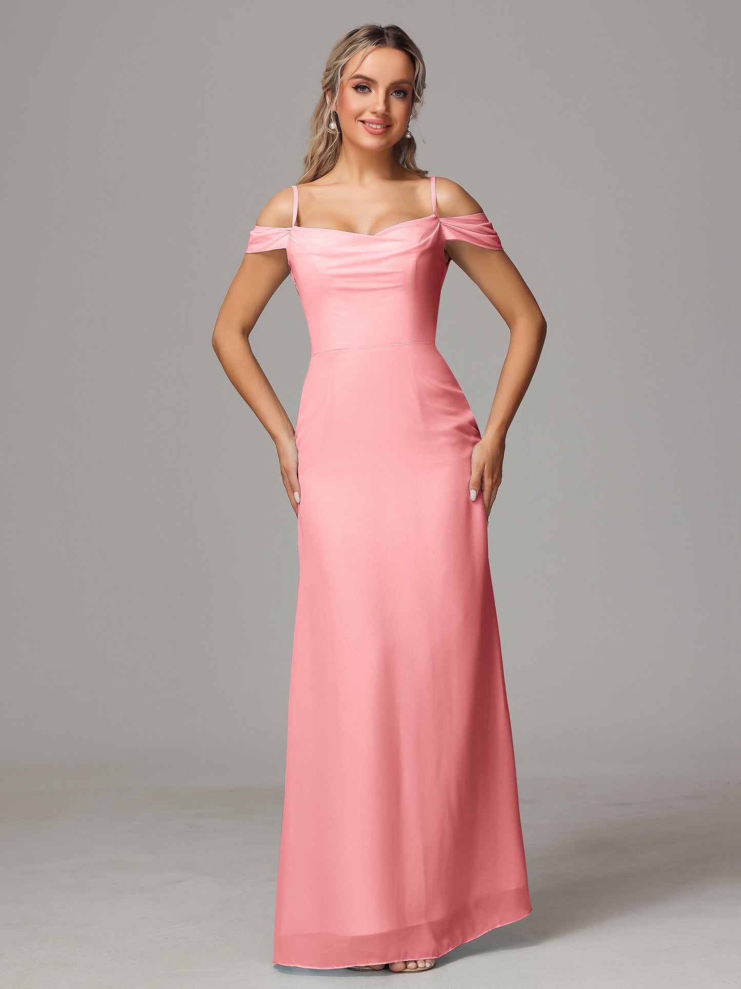 Spaghetti Straps Off The Shoulder Chiffon Bridesmaid Dress With Slit