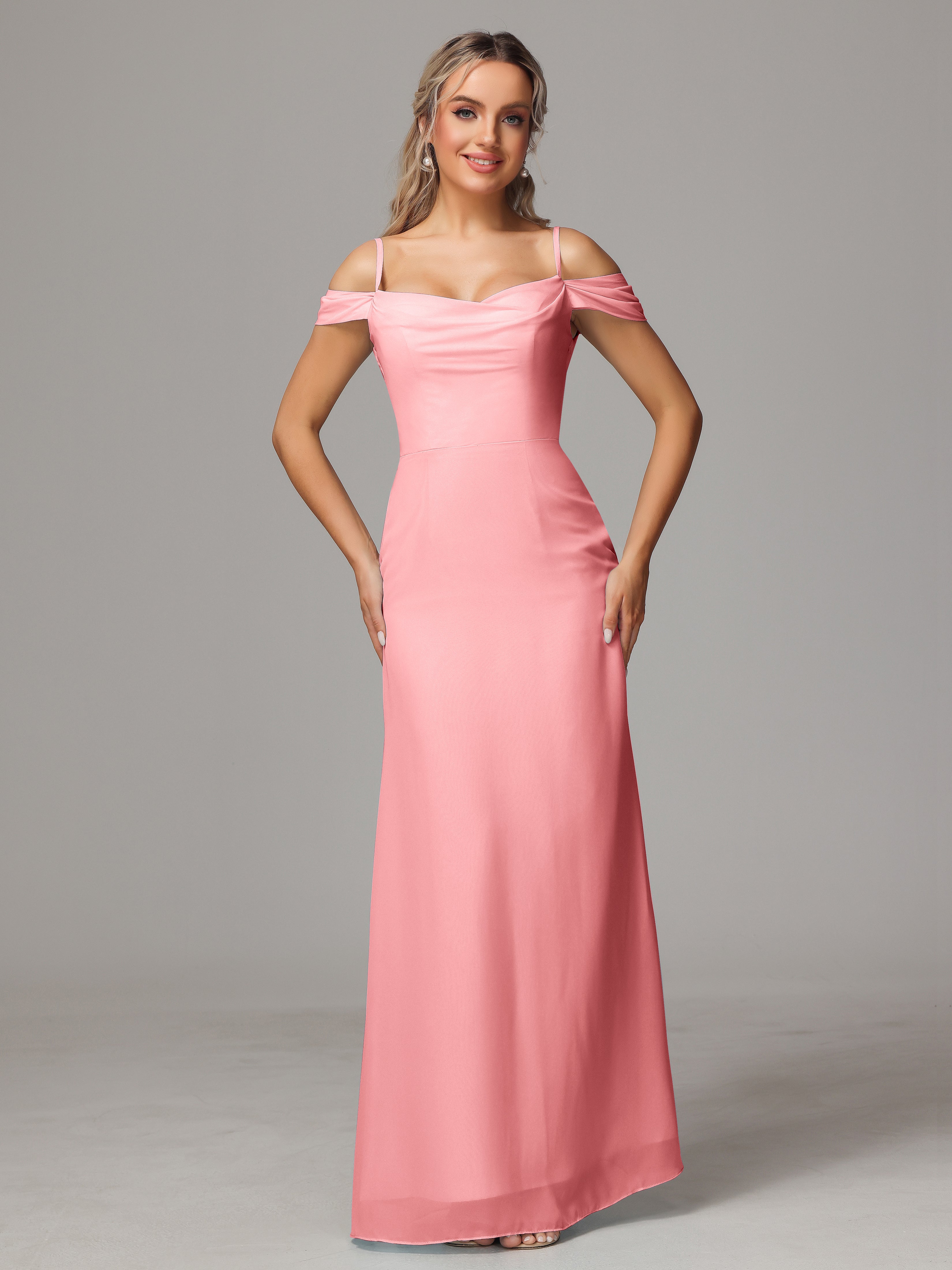 Spaghetti Straps Off The Shoulder Chiffon Bridesmaid Dress With Slit