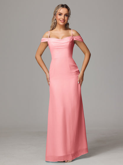 Spaghetti Straps Off The Shoulder Chiffon Bridesmaid Dress With Slit